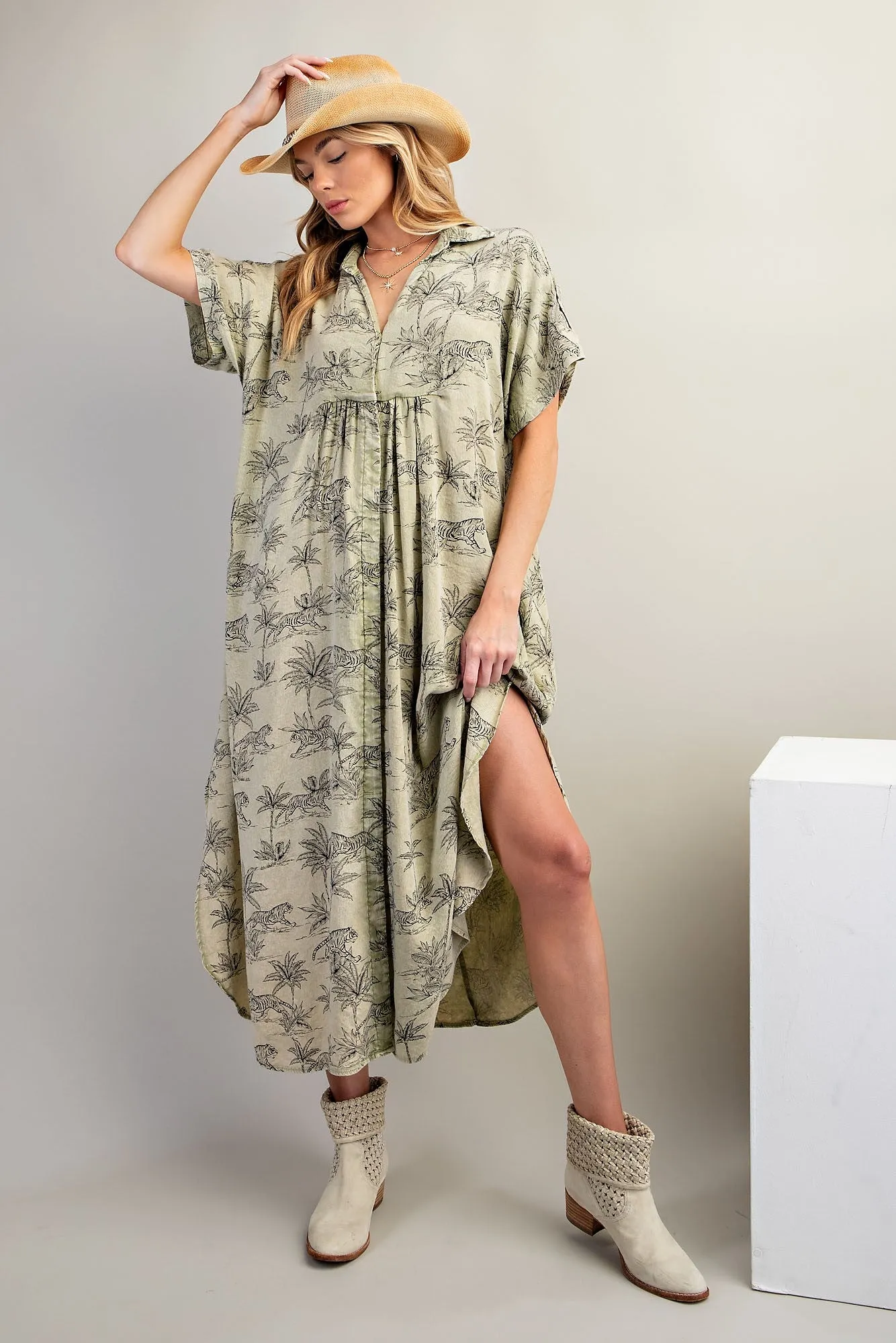 Light Olive Tiger Print Button Front Rounded Hem Midi Dress sold by Pinkblush