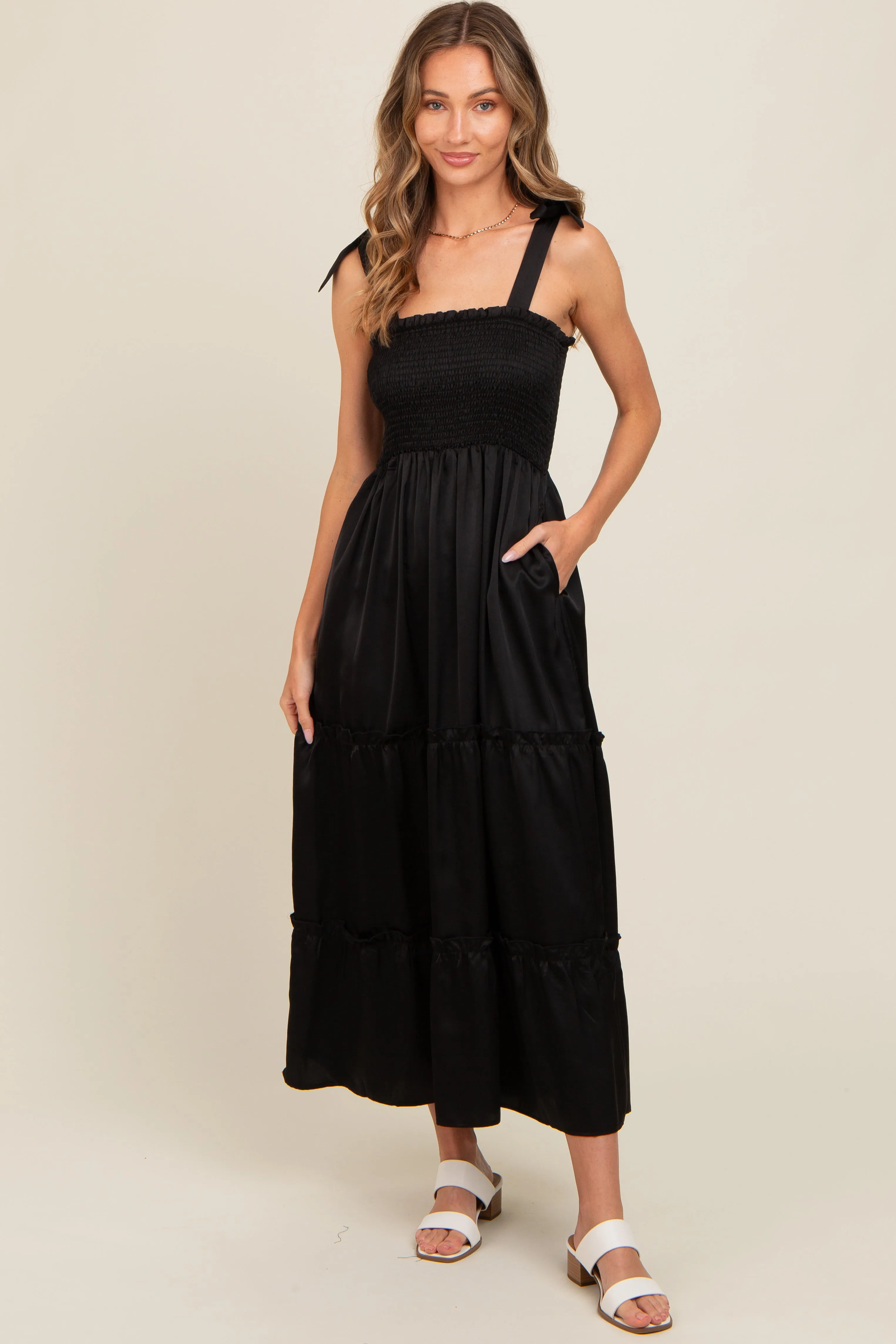 Black Satin Smocked Maxi Dress sold by Pinkblush