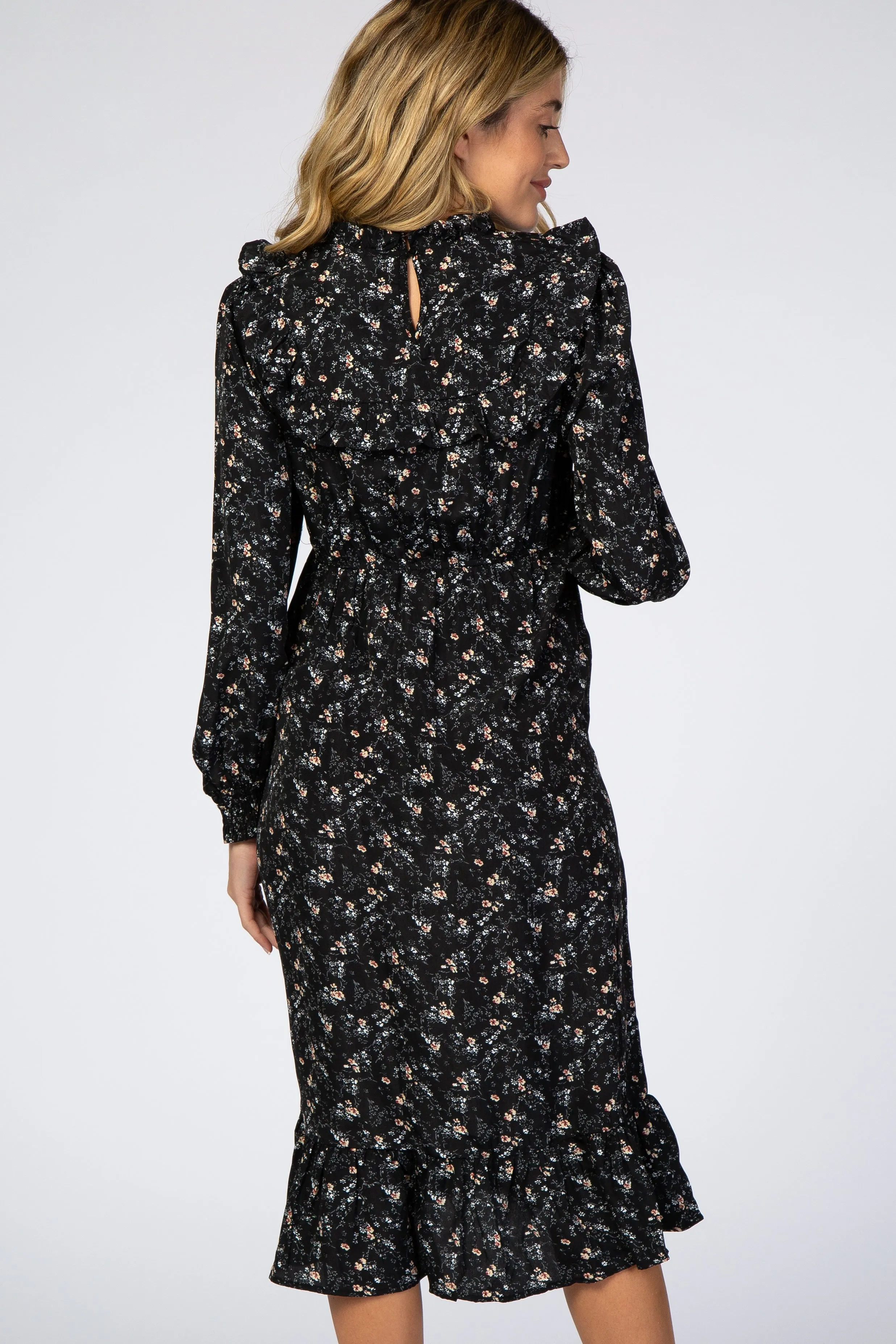 Black Floral Ruffle Long Sleeve Maternity Midi Dress sold by Pinkblush product image thumbnail 3