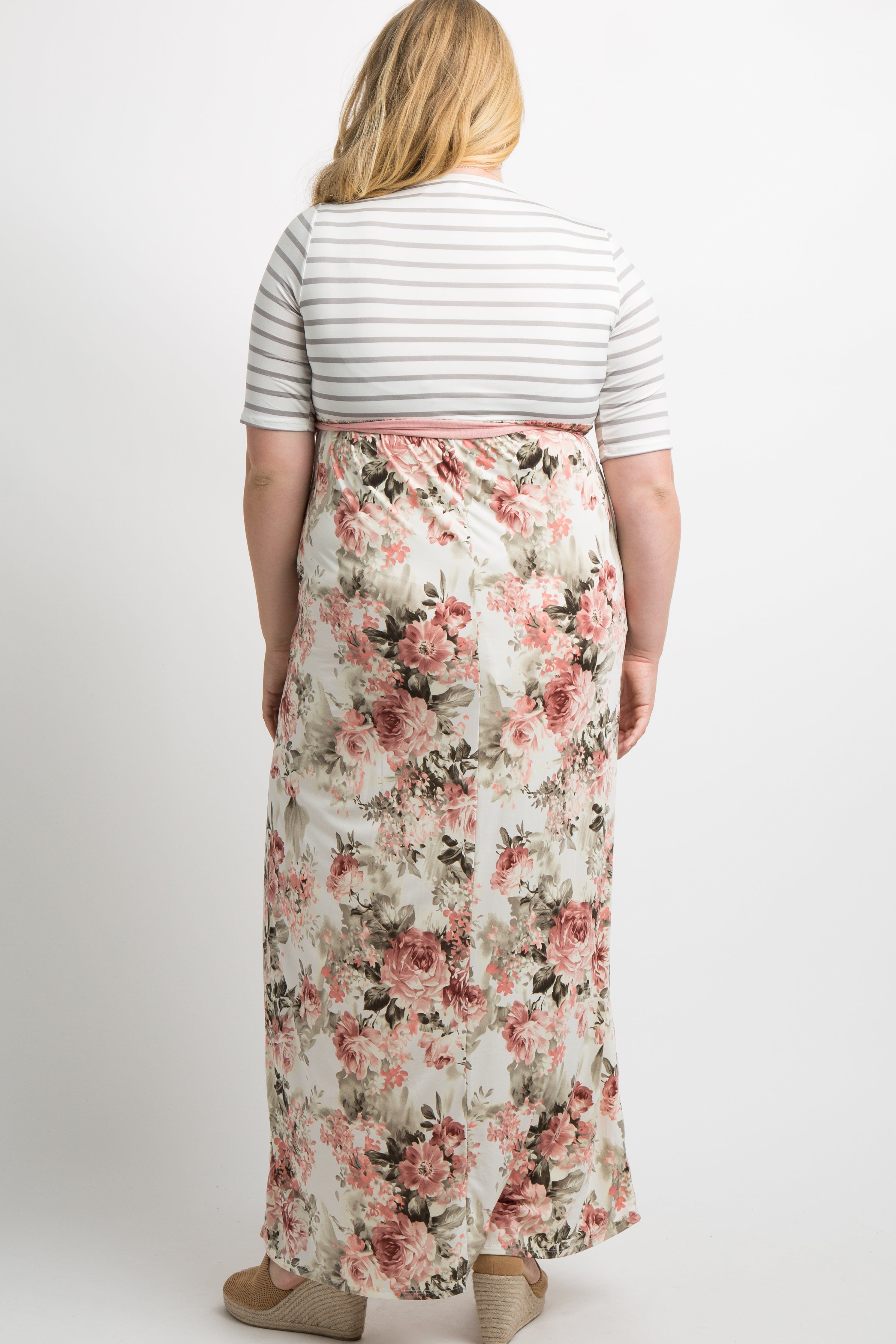 Ivory Striped Colorblock Floral Maternity Plus Maxi Dress sold by Pinkblush product image thumbnail 3
