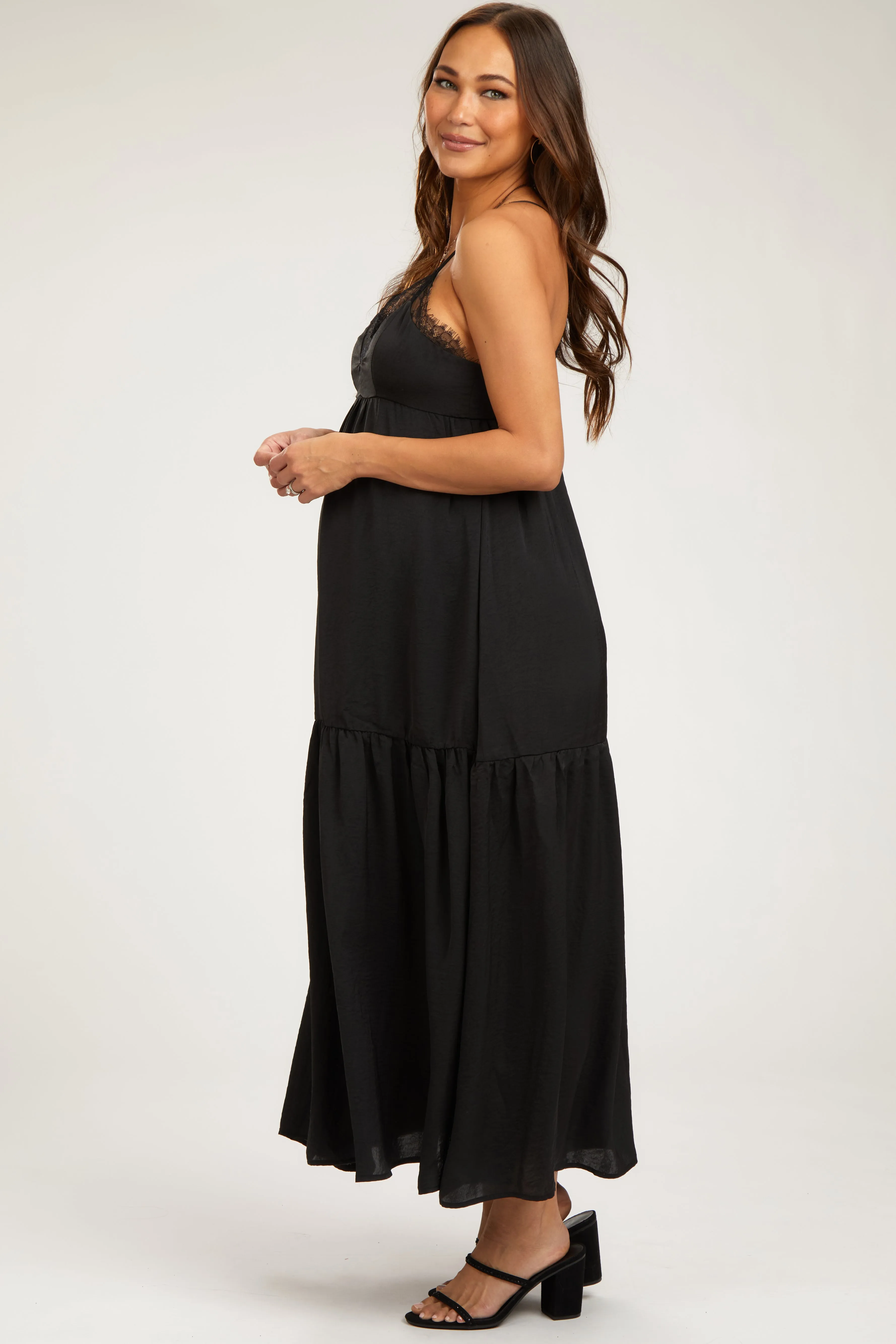 Black Sleeveless Lace Tiered Maternity Maxi Dress sold by Pinkblush product image thumbnail 2