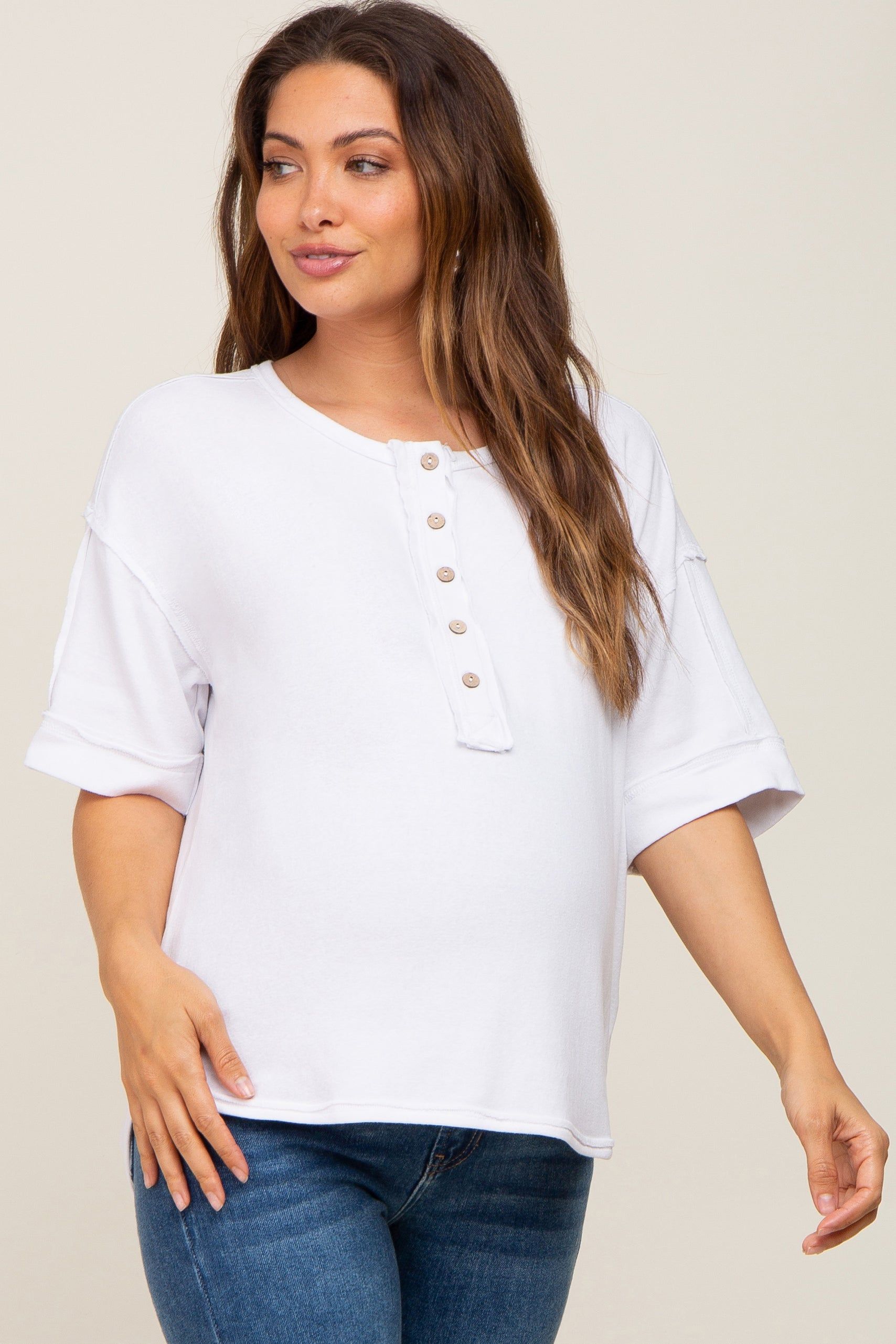 White Oversized Maternity Henley Top sold by Pinkblush