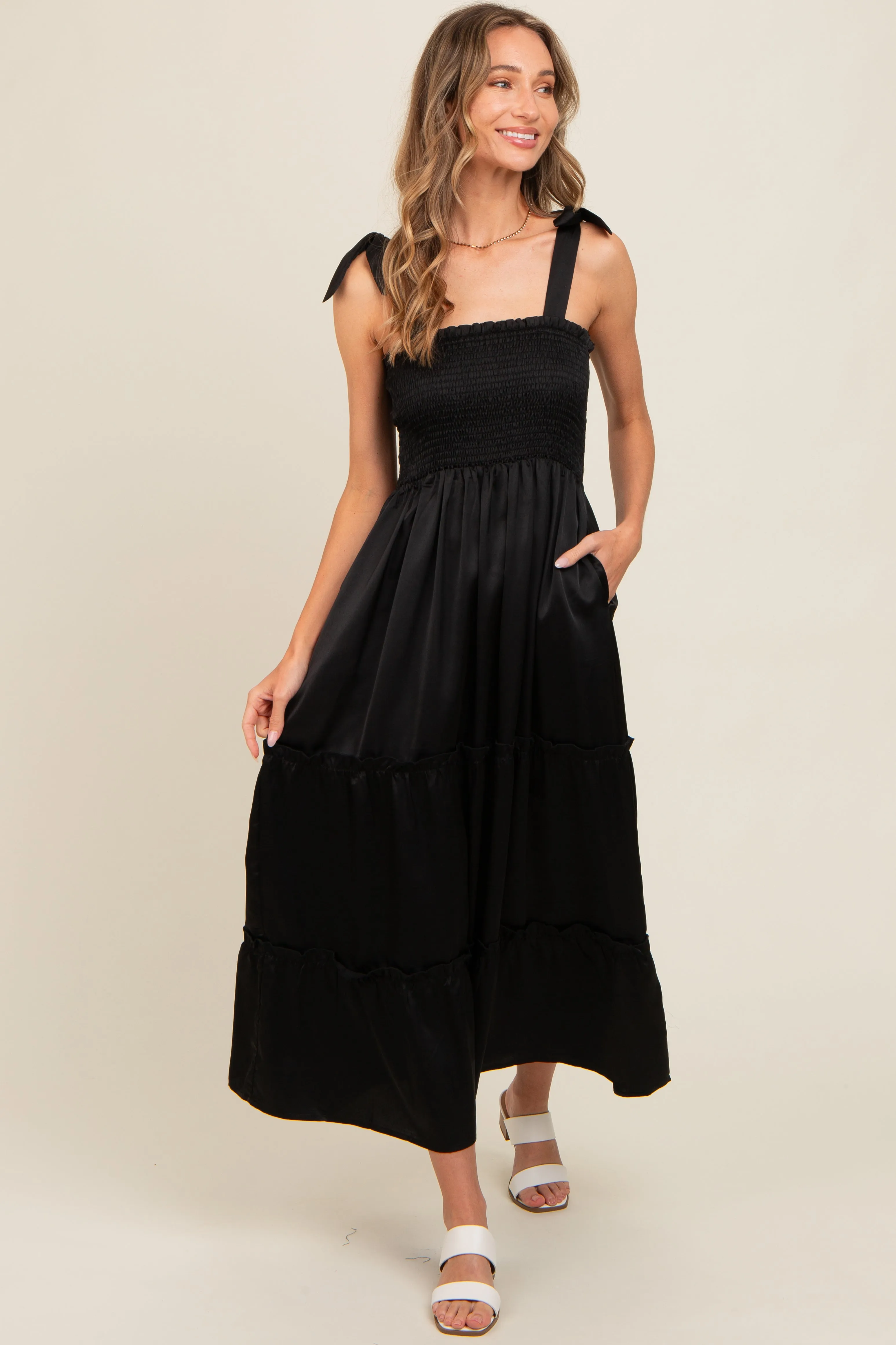 Black Satin Smocked Maxi Dress sold by Pinkblush product image thumbnail 2