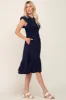 Navy Smocked Layered Ruffle Flutter Sleeve Midi Dress sold by Pinkblush