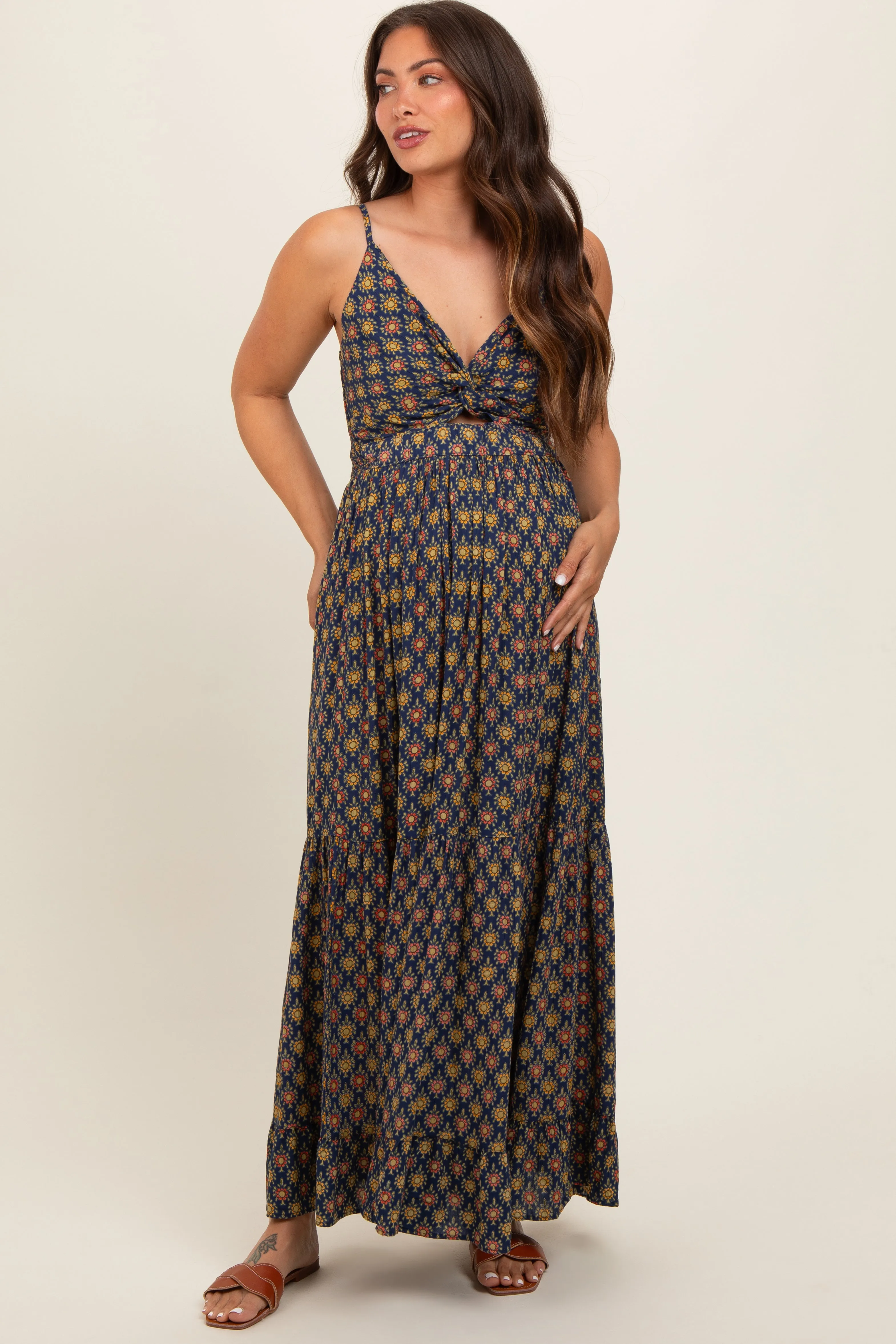 Navy Printed Cutout Maternity Maxi Dress sold by Pinkblush