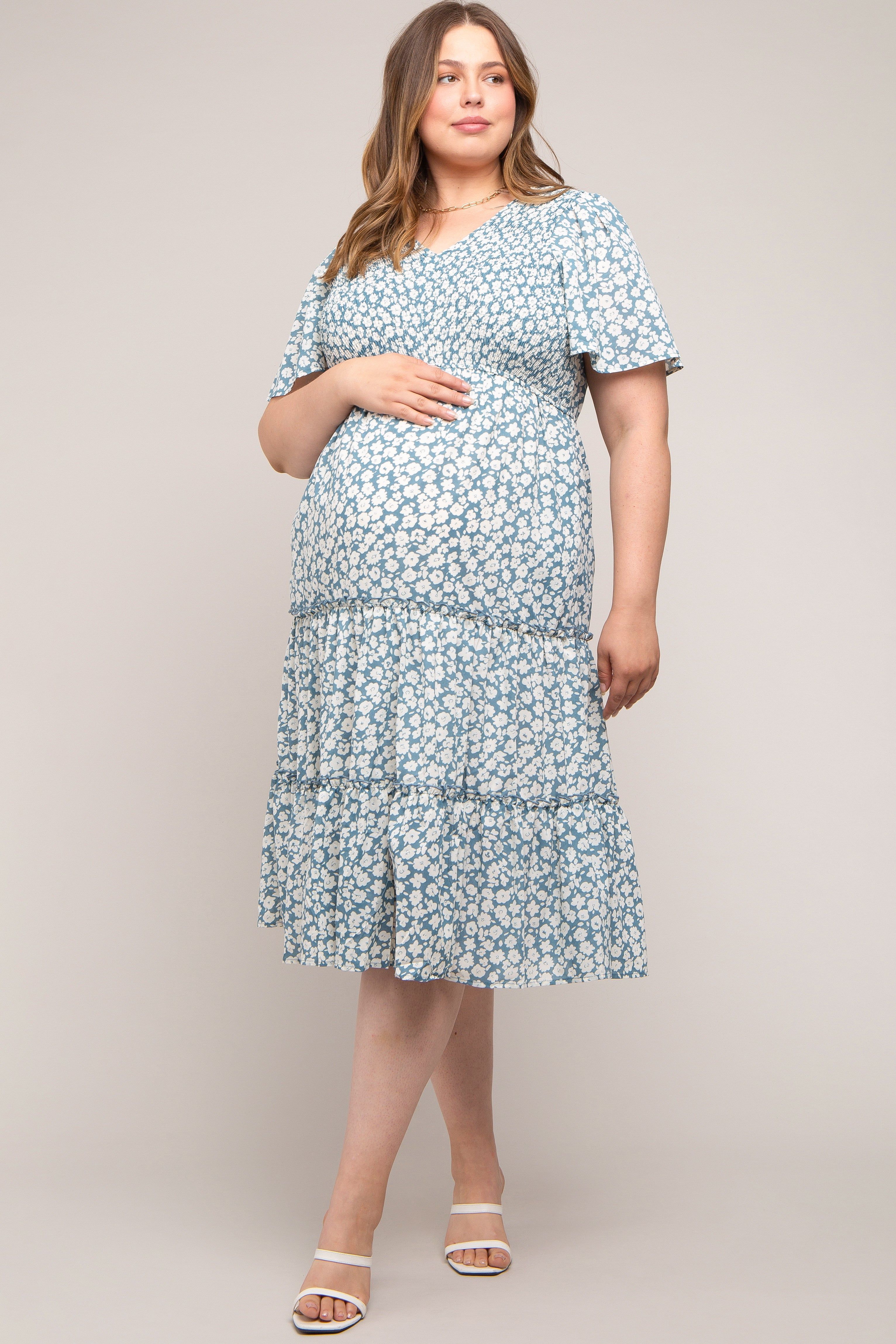 Blue Floral Tiered Maternity Plus Midi Dress sold by Pinkblush
