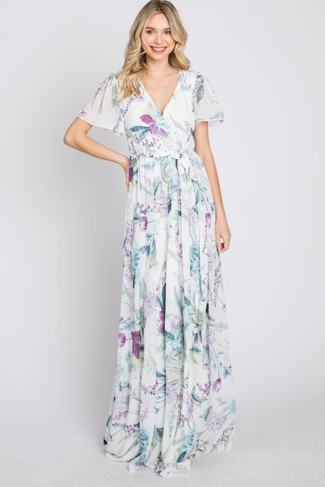 White Floral Chiffon Short Sleeve Maxi Dress sold by Pinkblush product image thumbnail 5