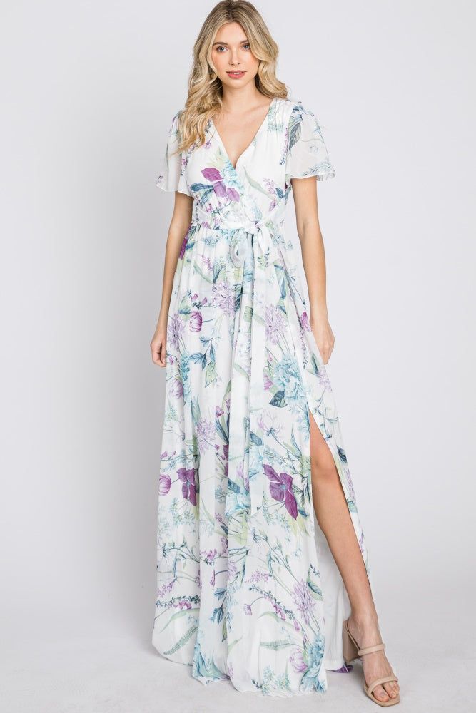 White Floral Chiffon Short Sleeve Maxi Dress sold by Pinkblush product image thumbnail 2