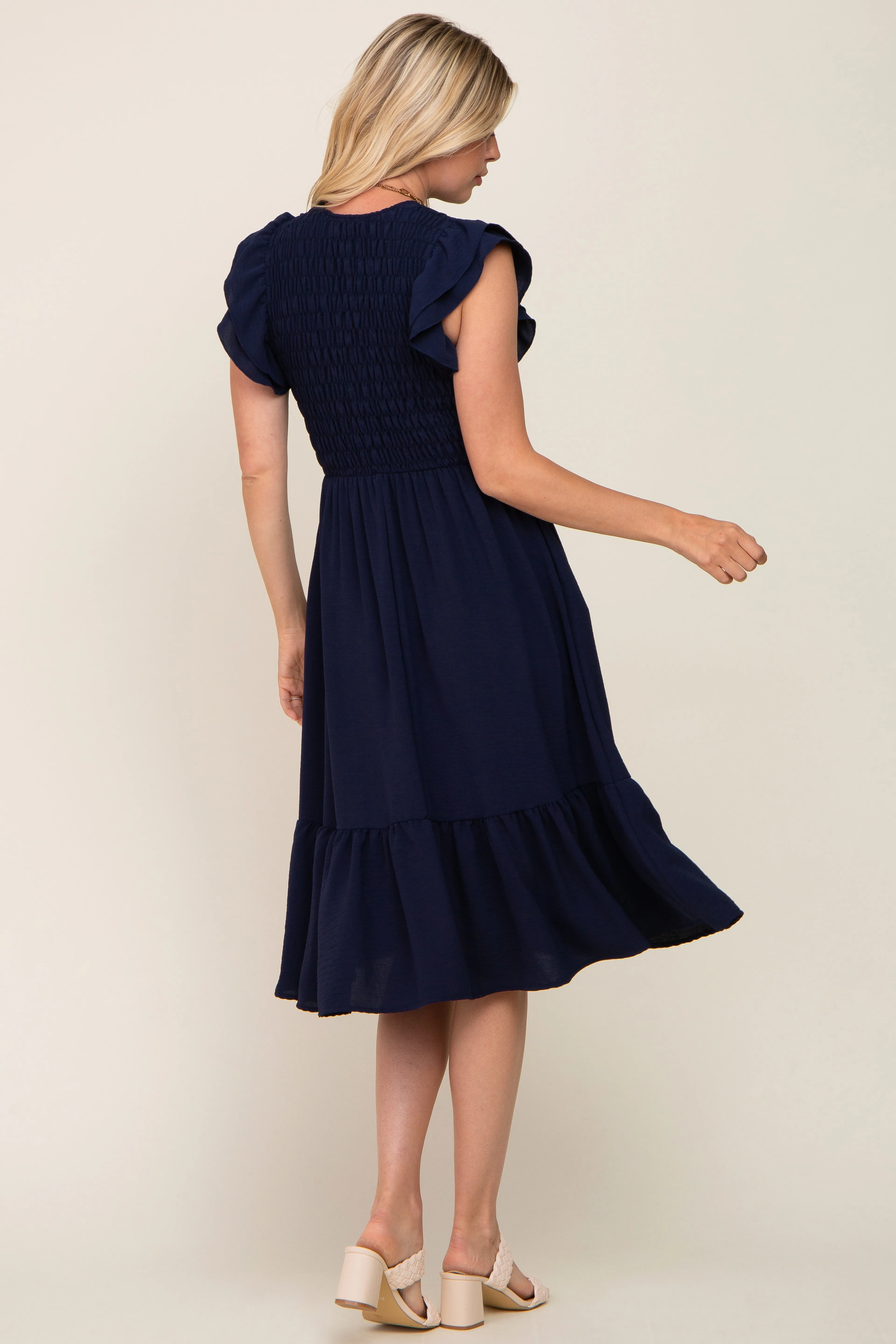 Navy Smocked Layered Ruffle Flutter Sleeve Midi Dress sold by Pinkblush product image thumbnail 3