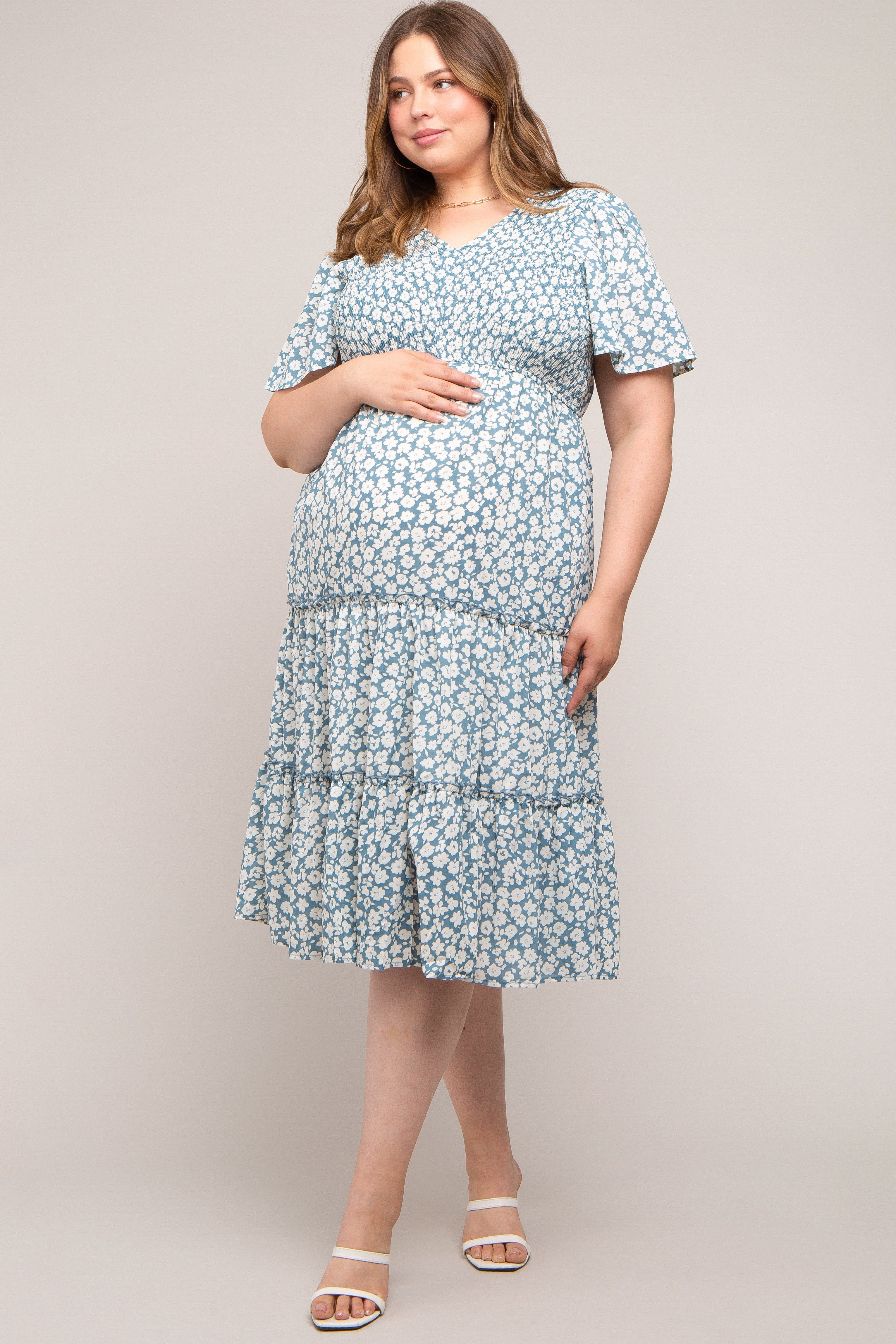 Blue Floral Tiered Maternity Plus Midi Dress sold by Pinkblush product image thumbnail 5