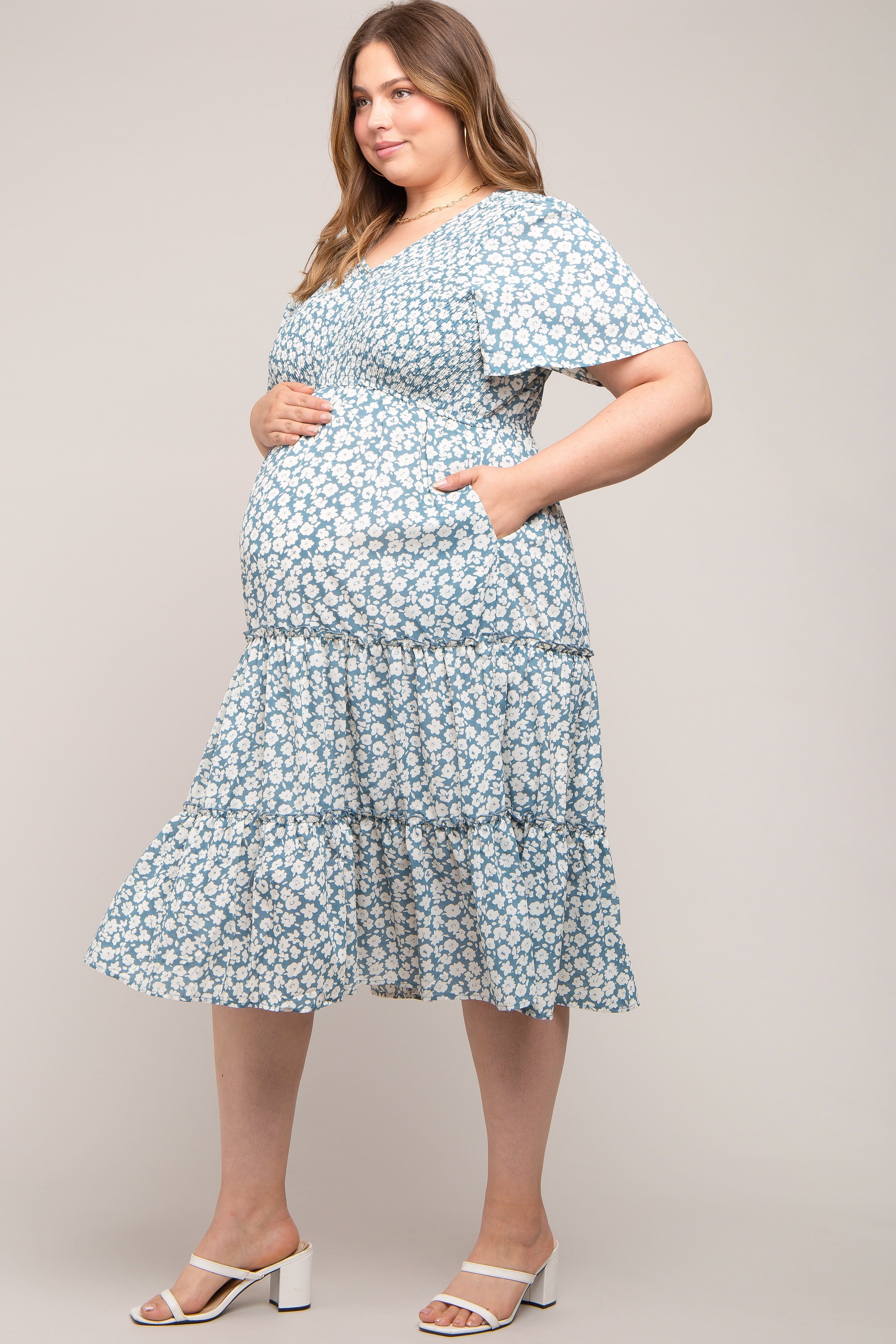 Blue Floral Tiered Maternity Plus Midi Dress sold by Pinkblush product image thumbnail 2