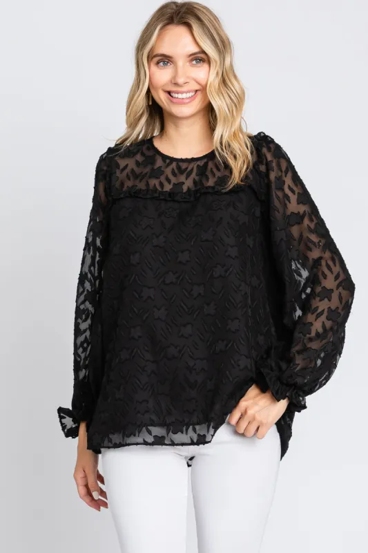 Black Semi Sheer Burnout Blouse Top sold by Pinkblush