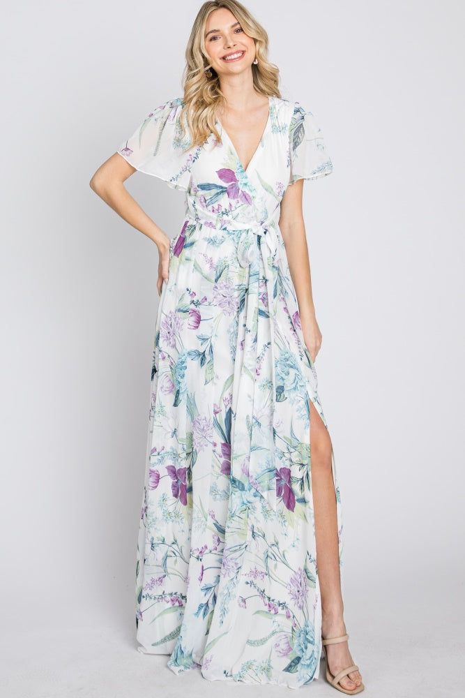 White Floral Chiffon Short Sleeve Maxi Dress sold by Pinkblush product image thumbnail 3