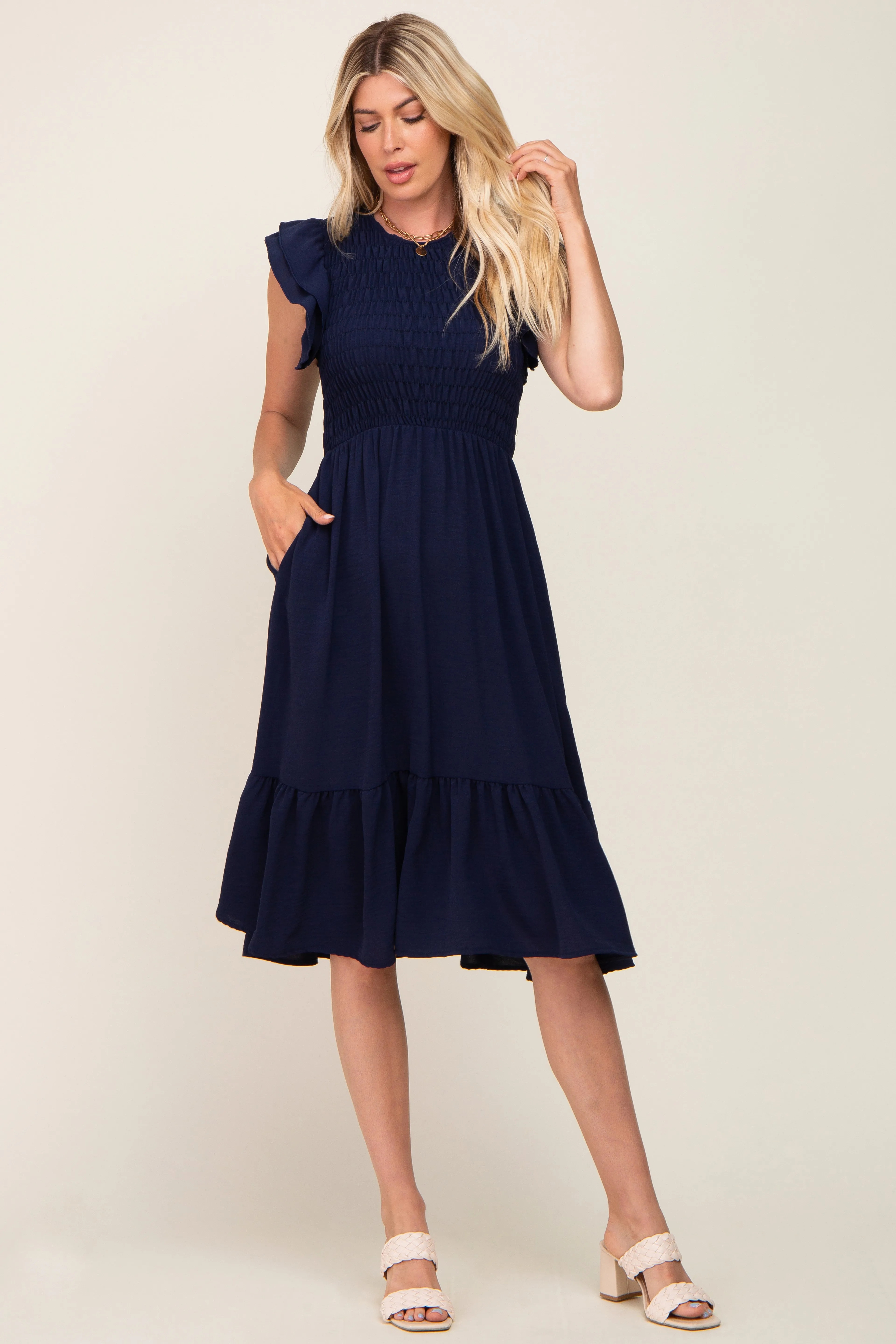 Navy Smocked Layered Ruffle Flutter Sleeve Midi Dress sold by Pinkblush product image thumbnail 4