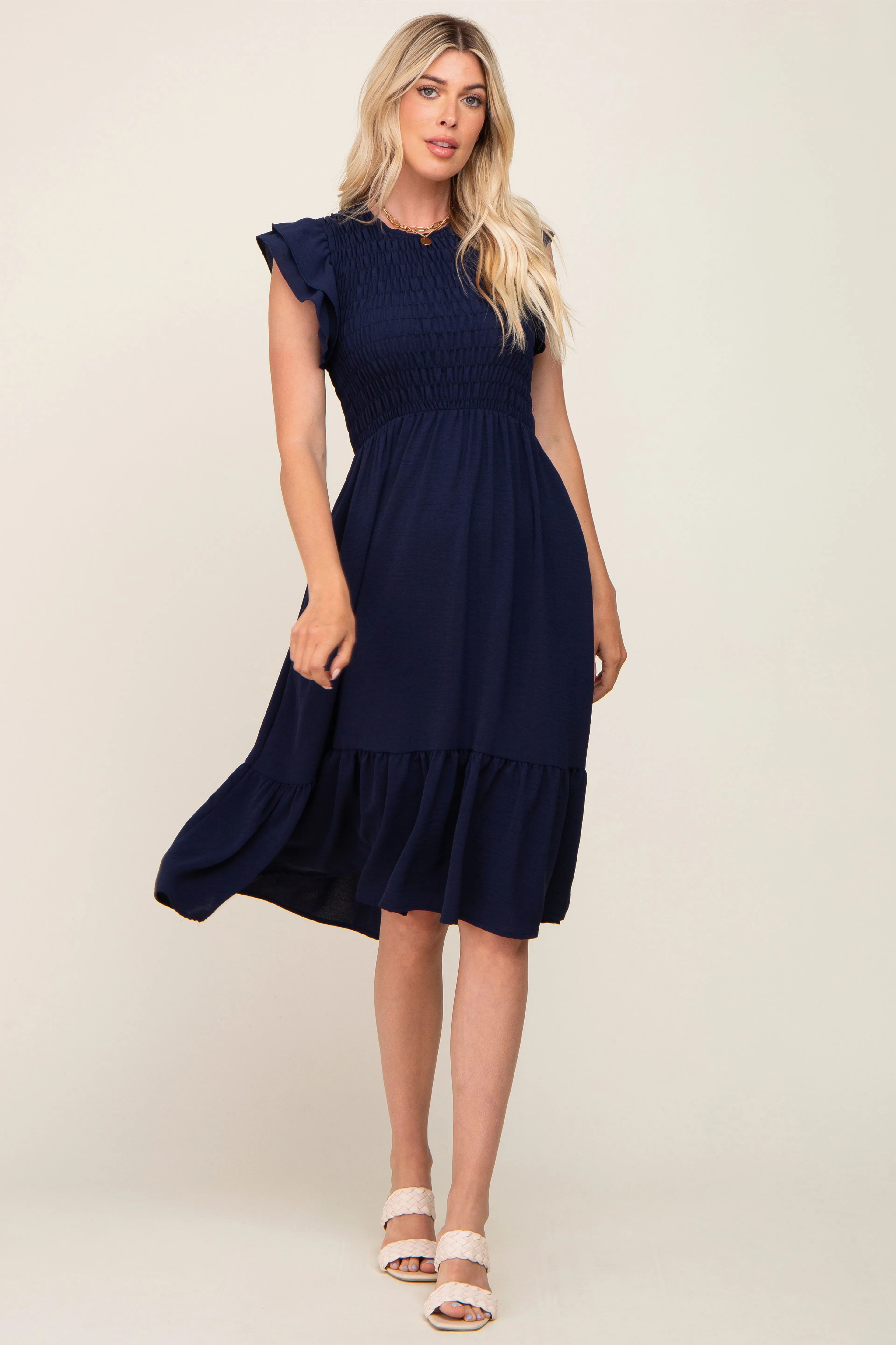 Navy Smocked Layered Ruffle Flutter Sleeve Midi Dress sold by Pinkblush