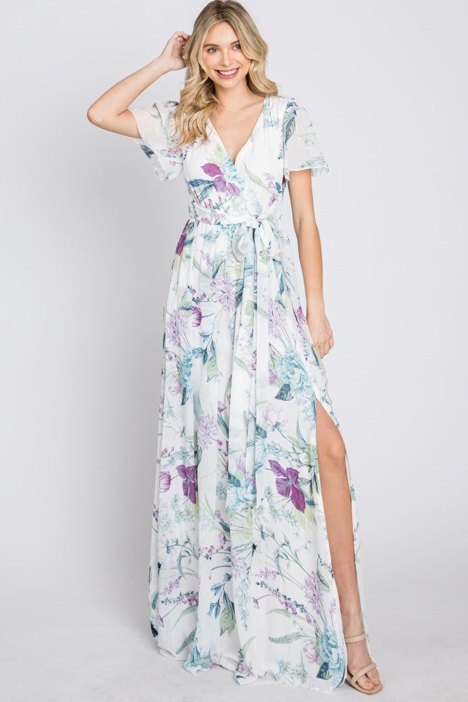 White Floral Chiffon Short Sleeve Maxi Dress sold by Pinkblush product image thumbnail 4
