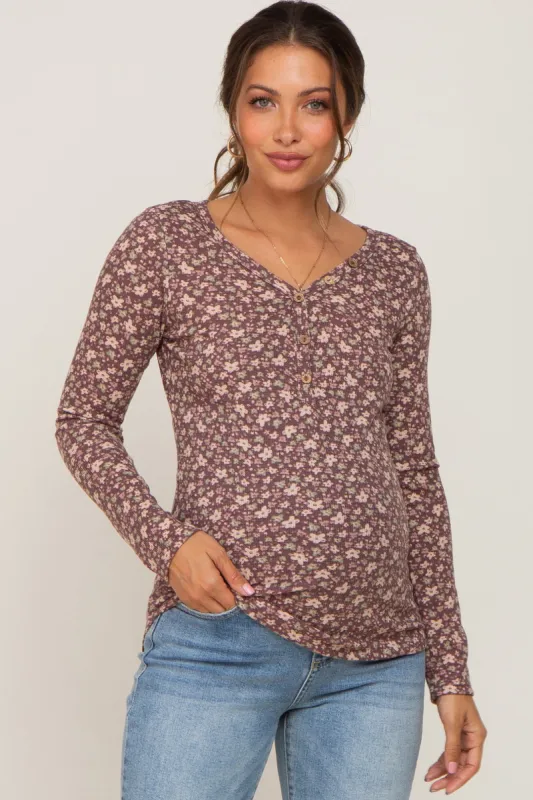 Mauve Floral Maternity Henley Top sold by Pinkblush