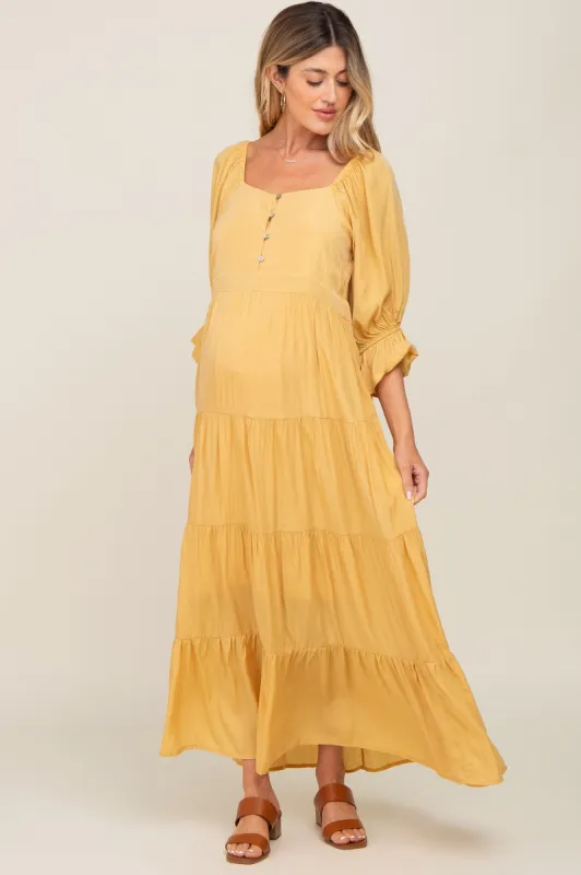 Yellow Square Neck Button Front 3/4 Bell Sleeve Maternity Maxi Dress sold by Pinkblush