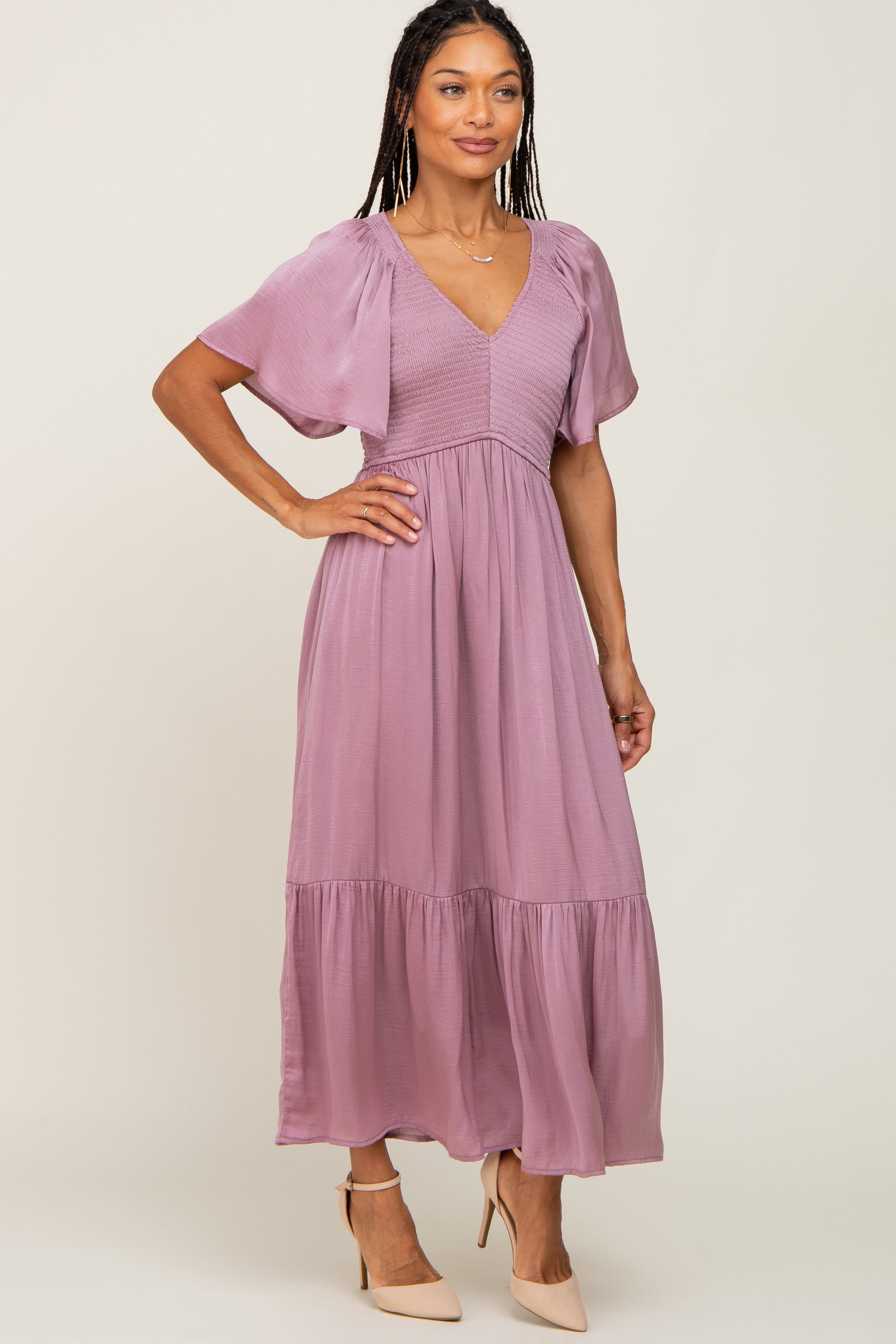 Mauve Satin Smocked Midi Dress sold by Pinkblush product image thumbnail 4
