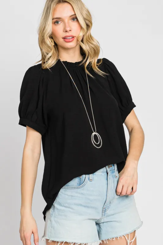 Black Ruffle Mock Neck Blouse Top sold by Pinkblush