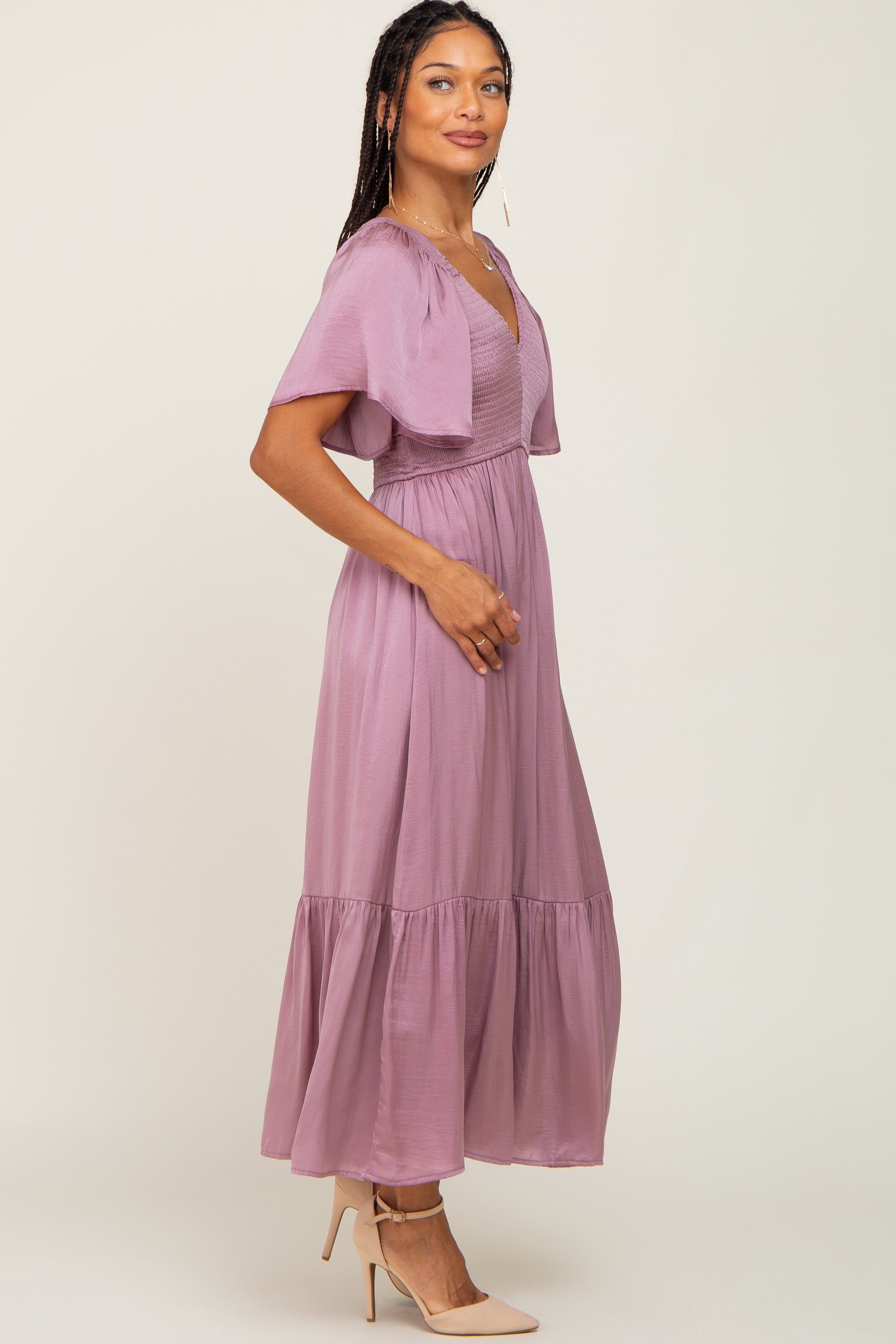 Mauve Satin Smocked Midi Dress sold by Pinkblush product image thumbnail 2