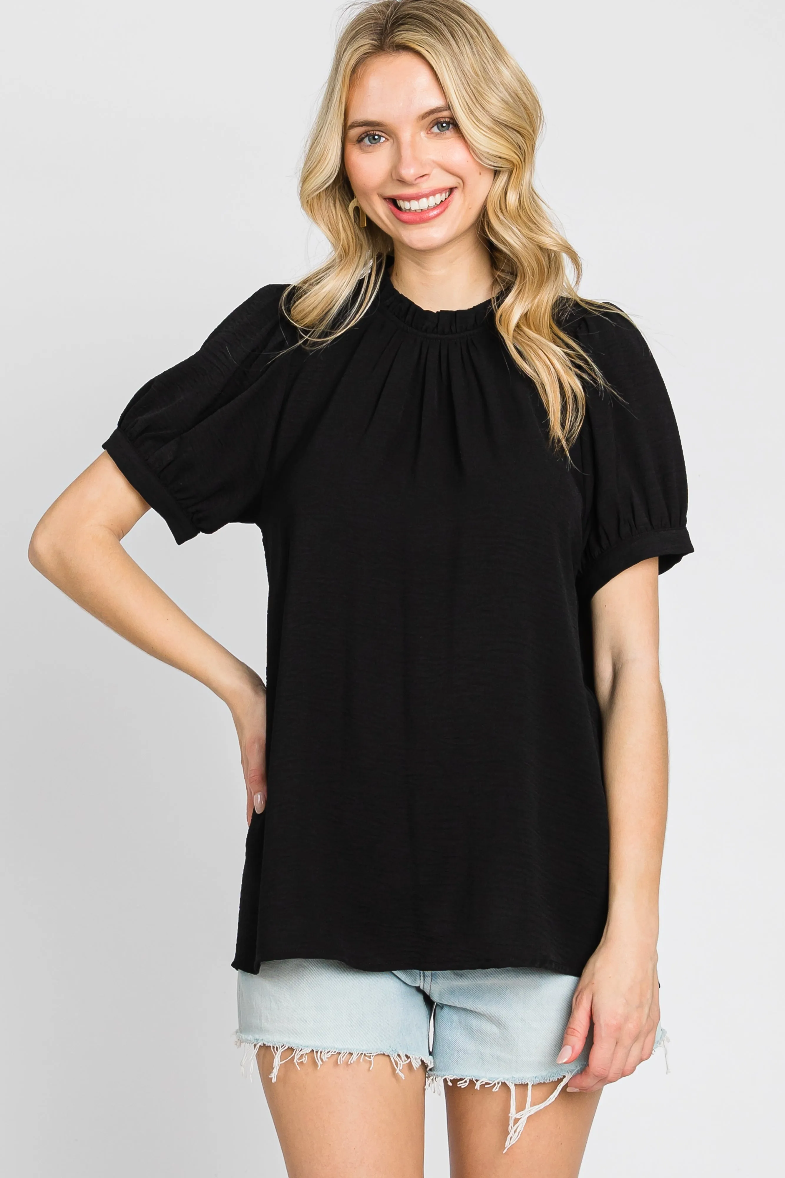 Black Ruffle Mock Neck Blouse Top sold by Pinkblush product image thumbnail 2