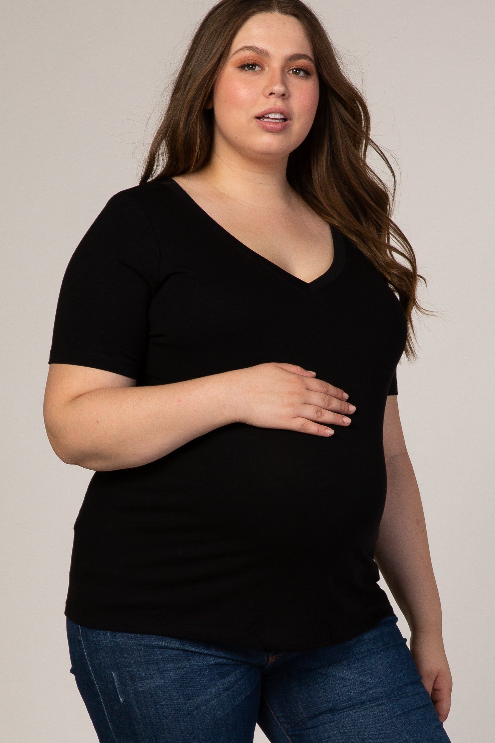 Black Short Sleeve V-Neck Basic Maternity Plus Top sold by Pinkblush