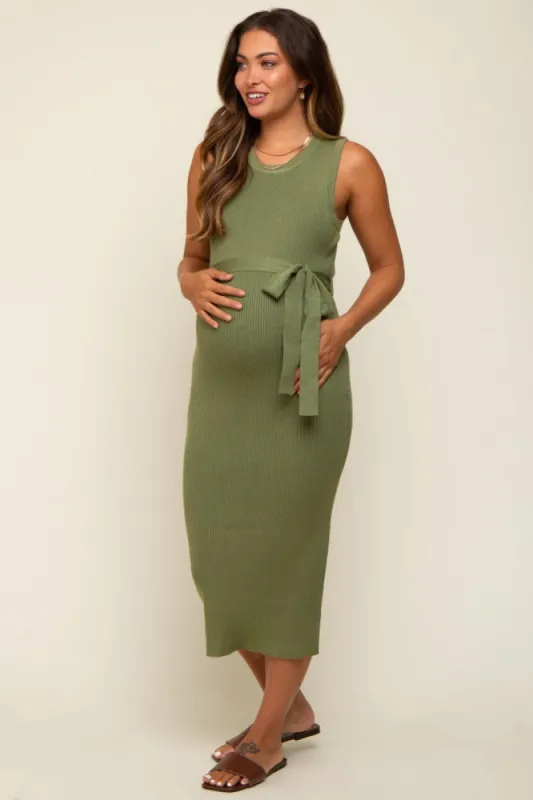 Olive Rib Knit Sleeveless Maternity Midi Dress sold by Pinkblush