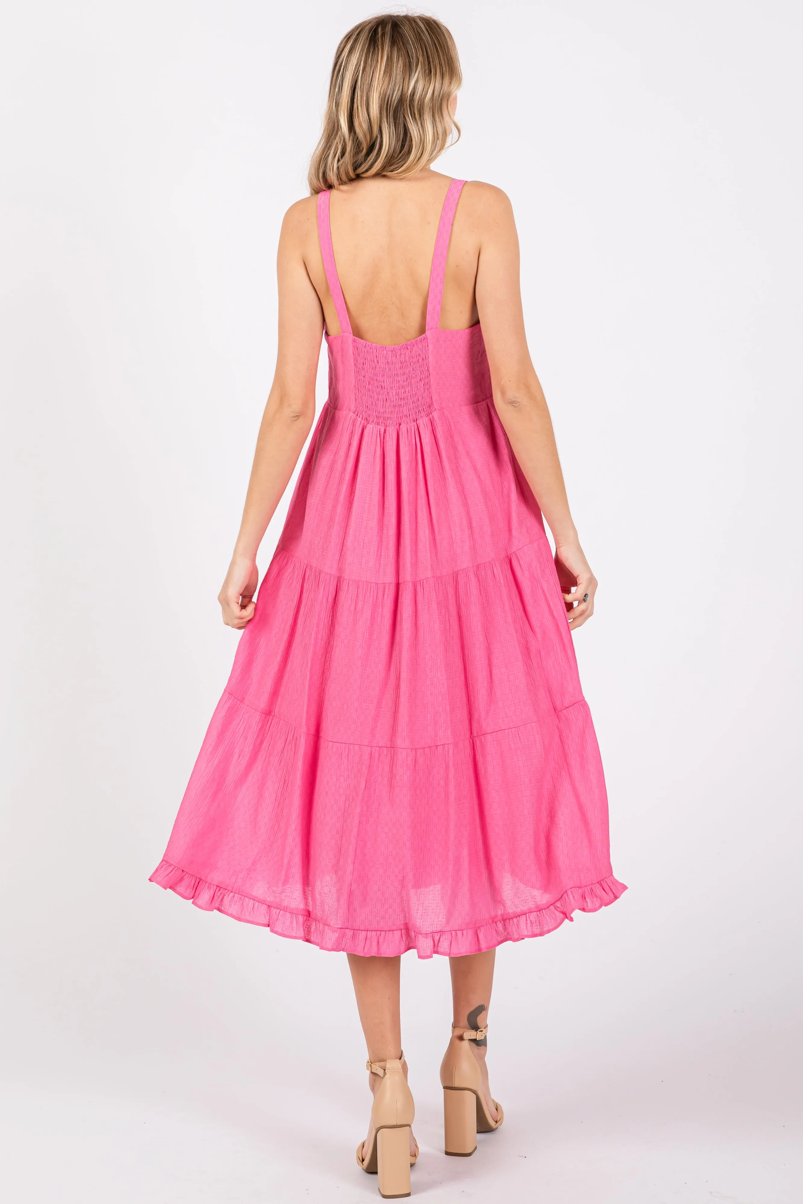 Fuchsia Sleeveless Button Tiered Midi Dress sold by Pinkblush product image thumbnail 3