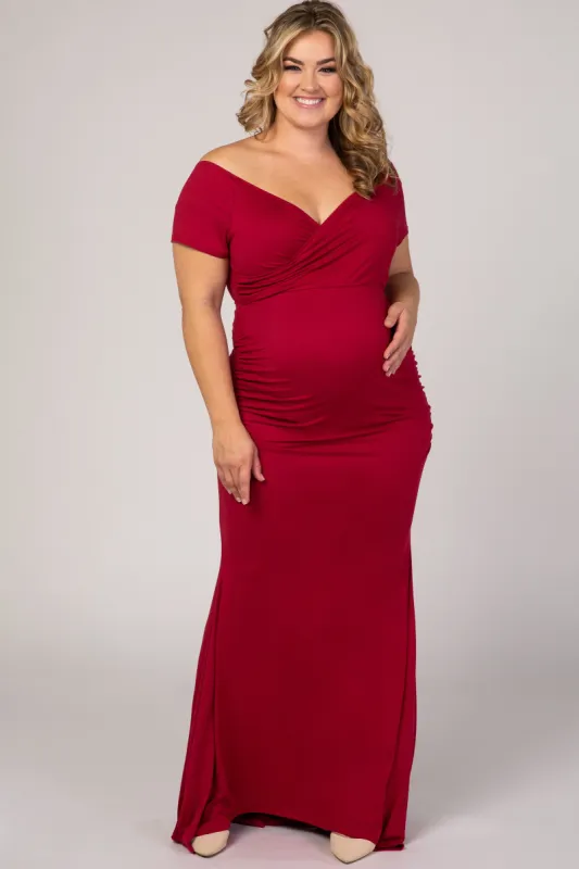 PinkBlush Burgundy Off Shoulder Wrap Plus Maternity Photoshoot Gown/Dress sold by Pinkblush