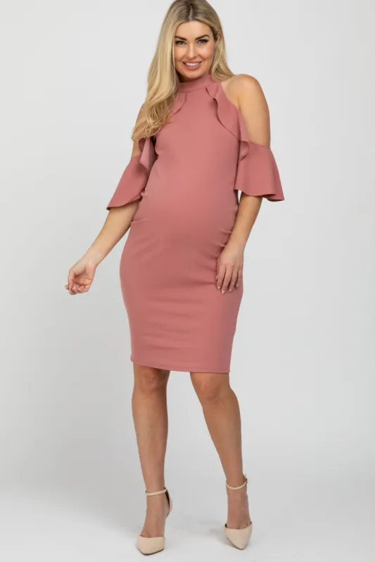 Mauve Mock Neck Ruffle Trim Fitted Maternity Dress sold by Pinkblush