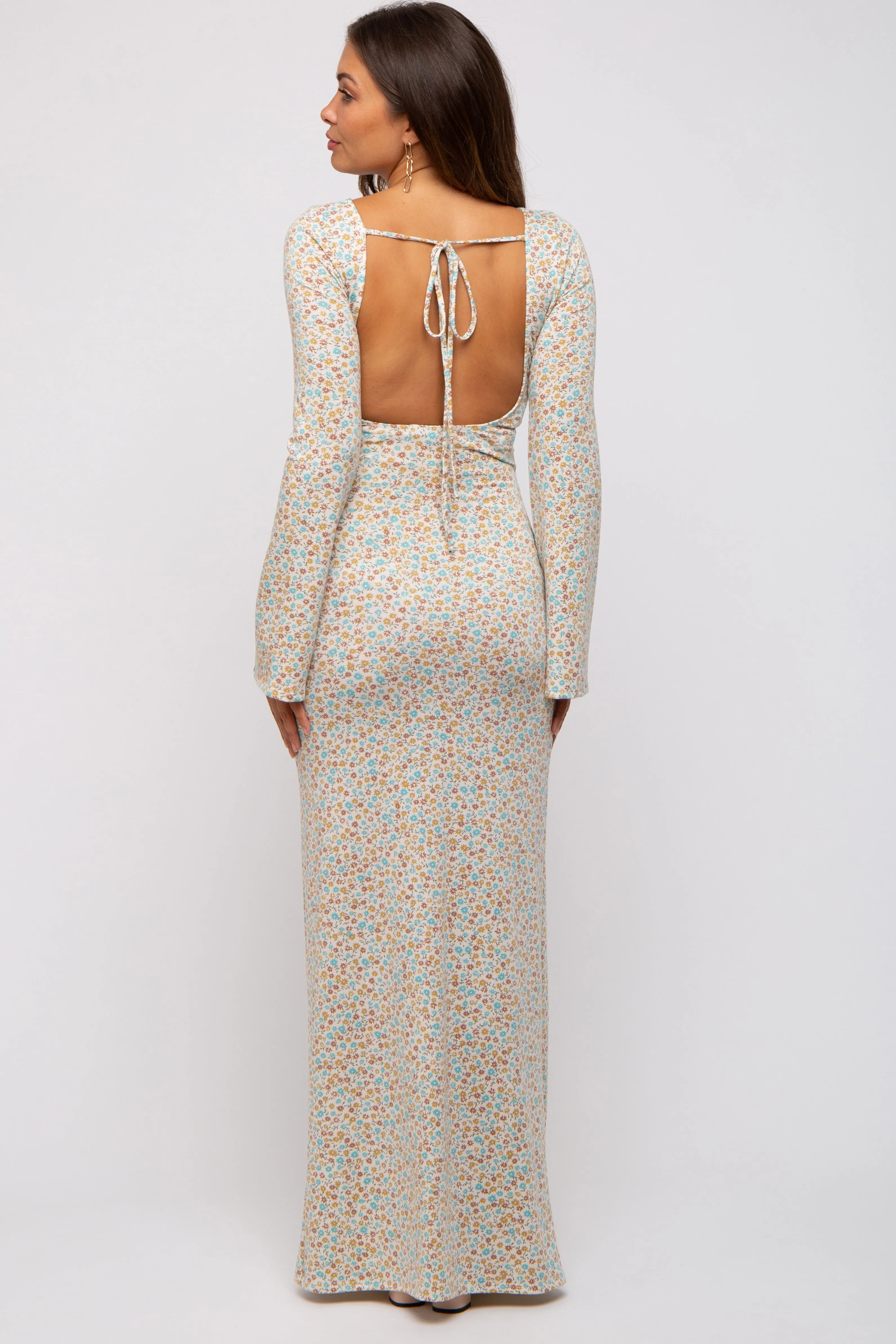 Cream Floral Long Sleeve Open Back Maternity Maxi Dress sold by Pinkblush product image thumbnail 4