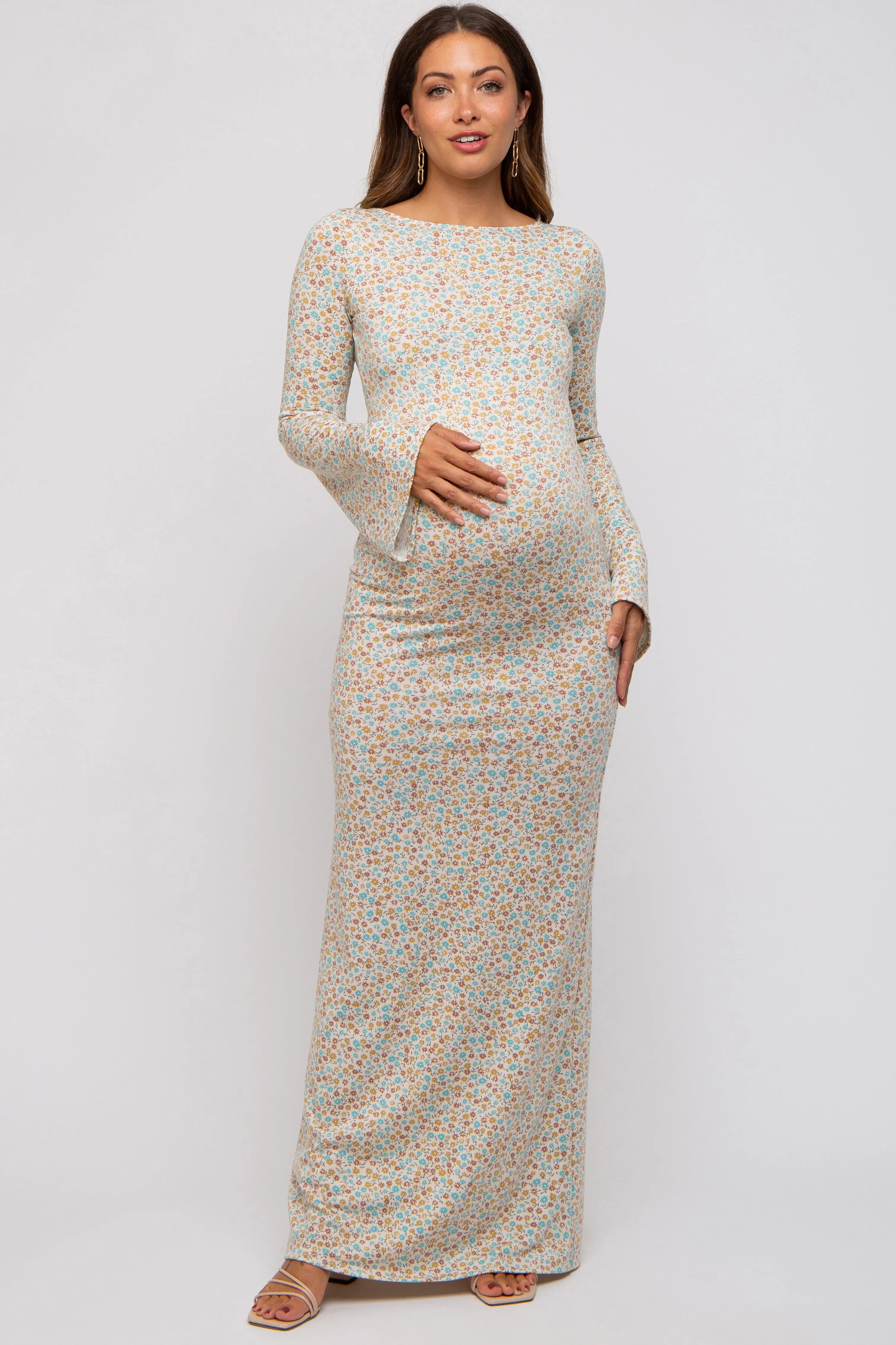 Cream Floral Long Sleeve Open Back Maternity Maxi Dress sold by Pinkblush