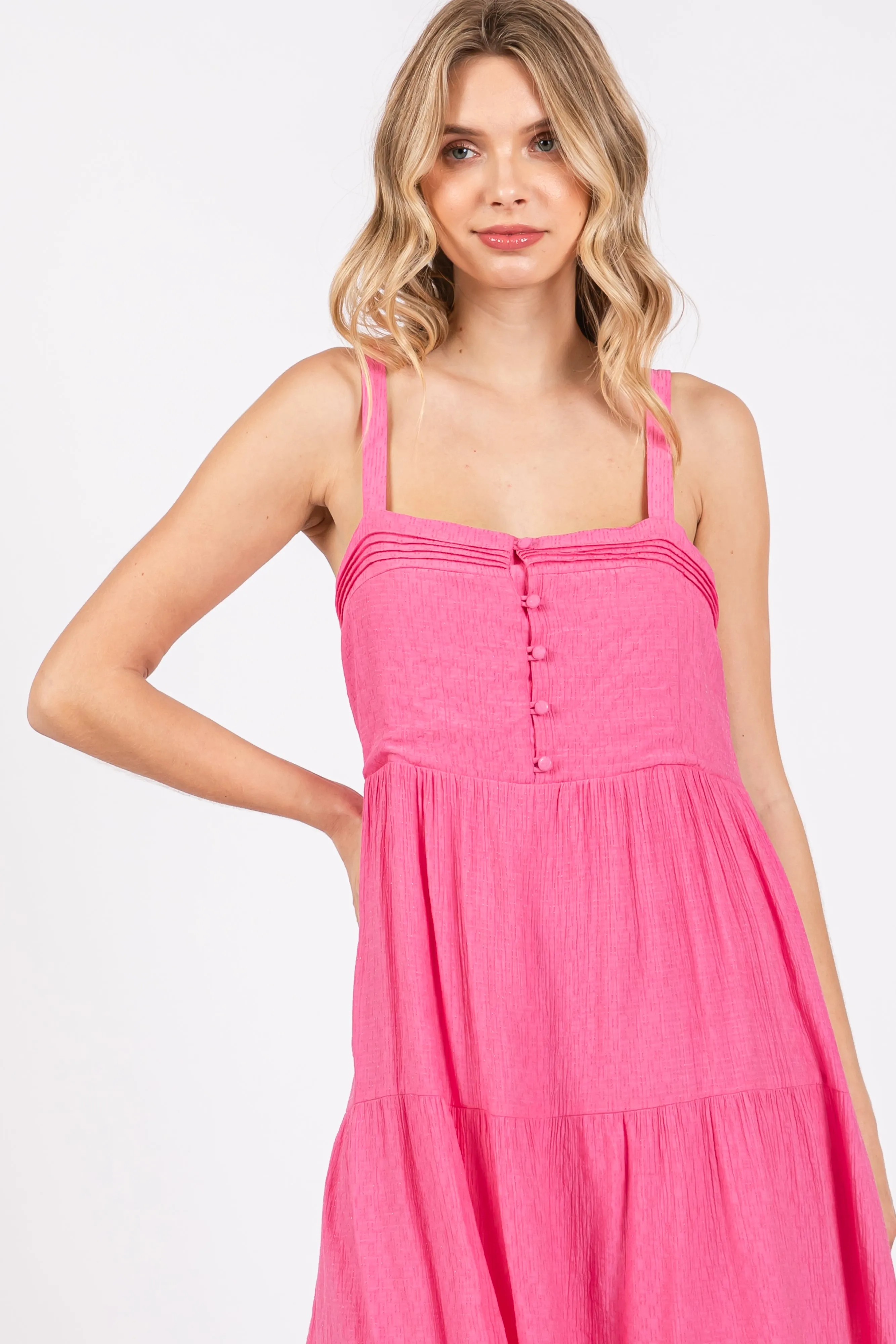 Fuchsia Sleeveless Button Tiered Midi Dress sold by Pinkblush product image thumbnail 4