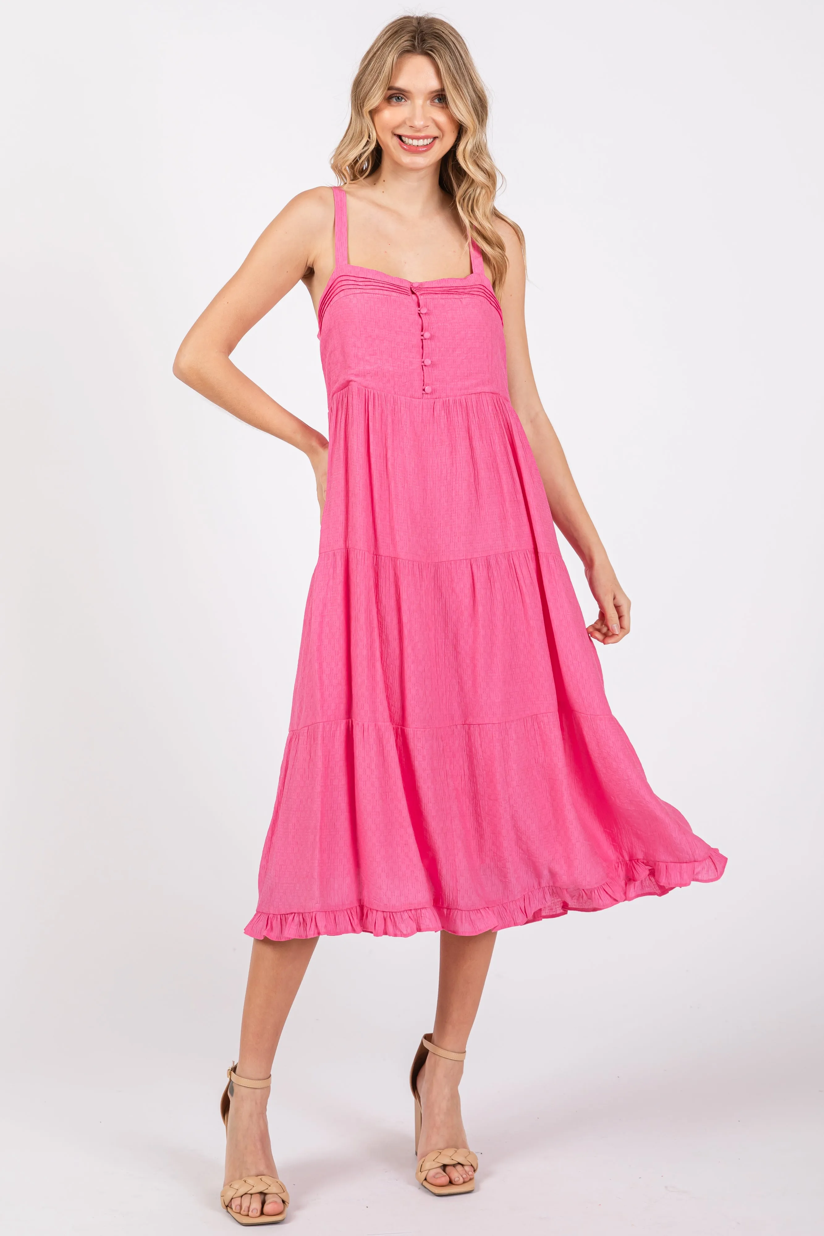 Fuchsia Sleeveless Button Tiered Midi Dress sold by Pinkblush