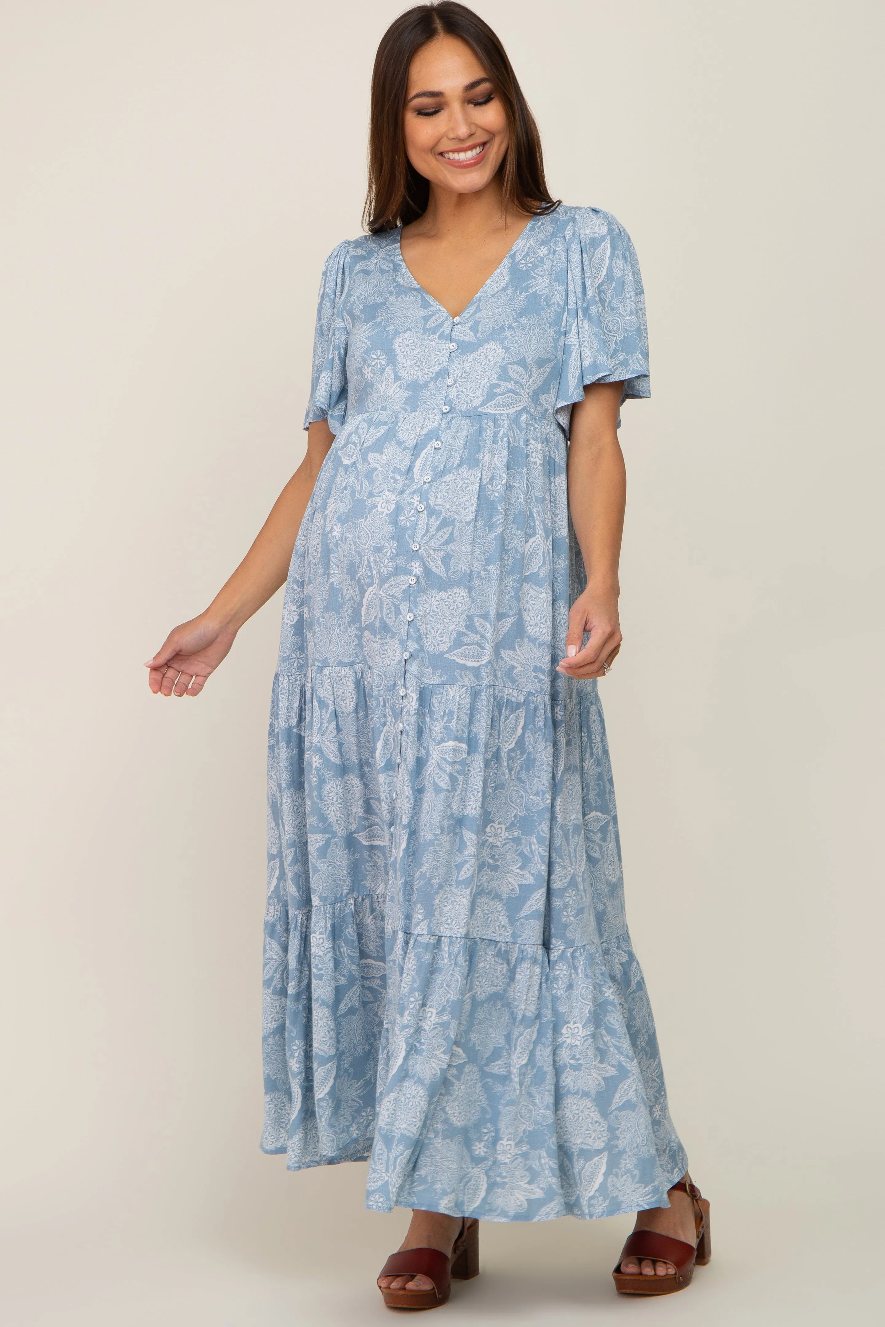 Light Blue Paisley Button Down Tiered Maternity Maxi Dress sold by Pinkblush product image thumbnail 4