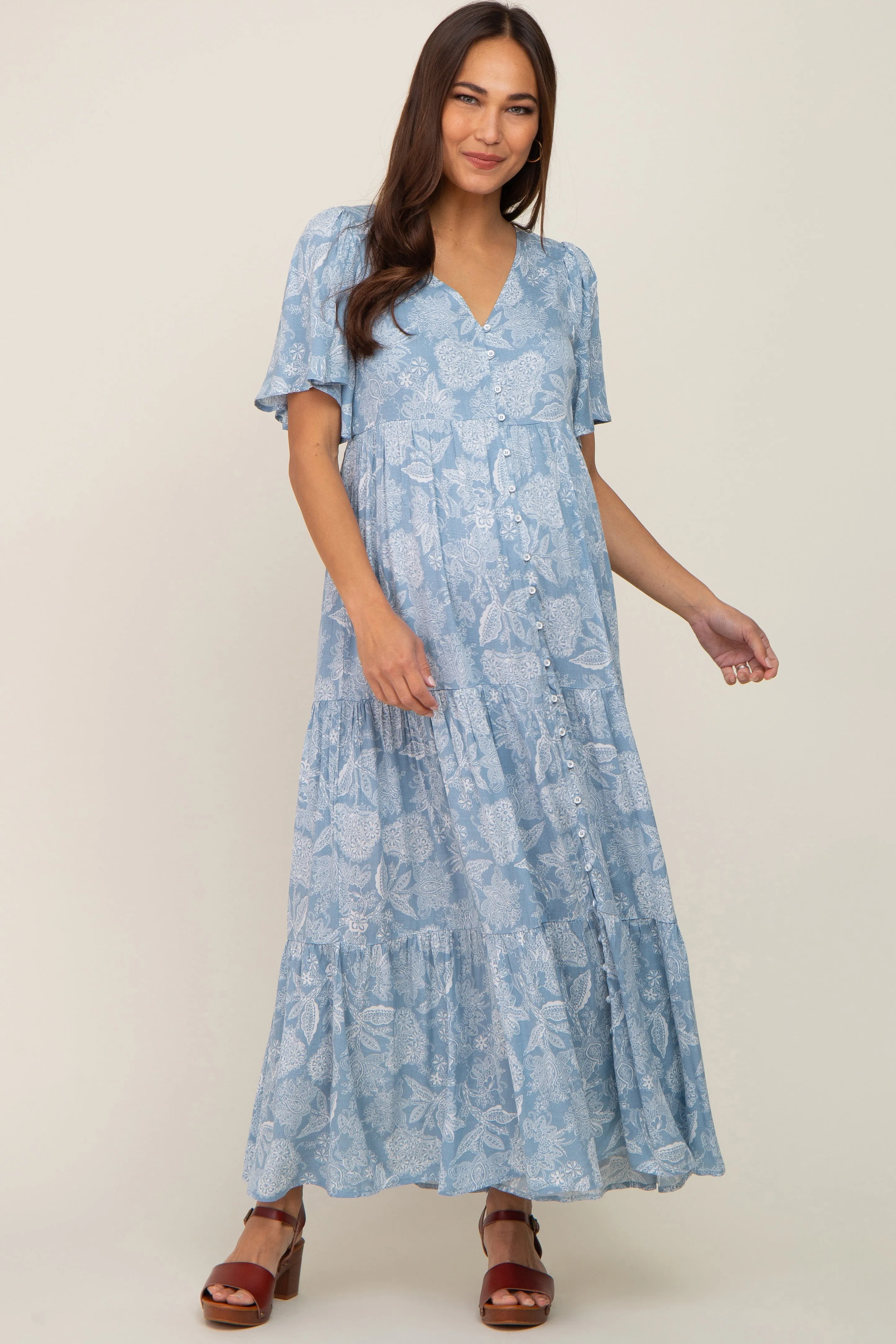 Light Blue Paisley Button Down Tiered Maternity Maxi Dress sold by Pinkblush
