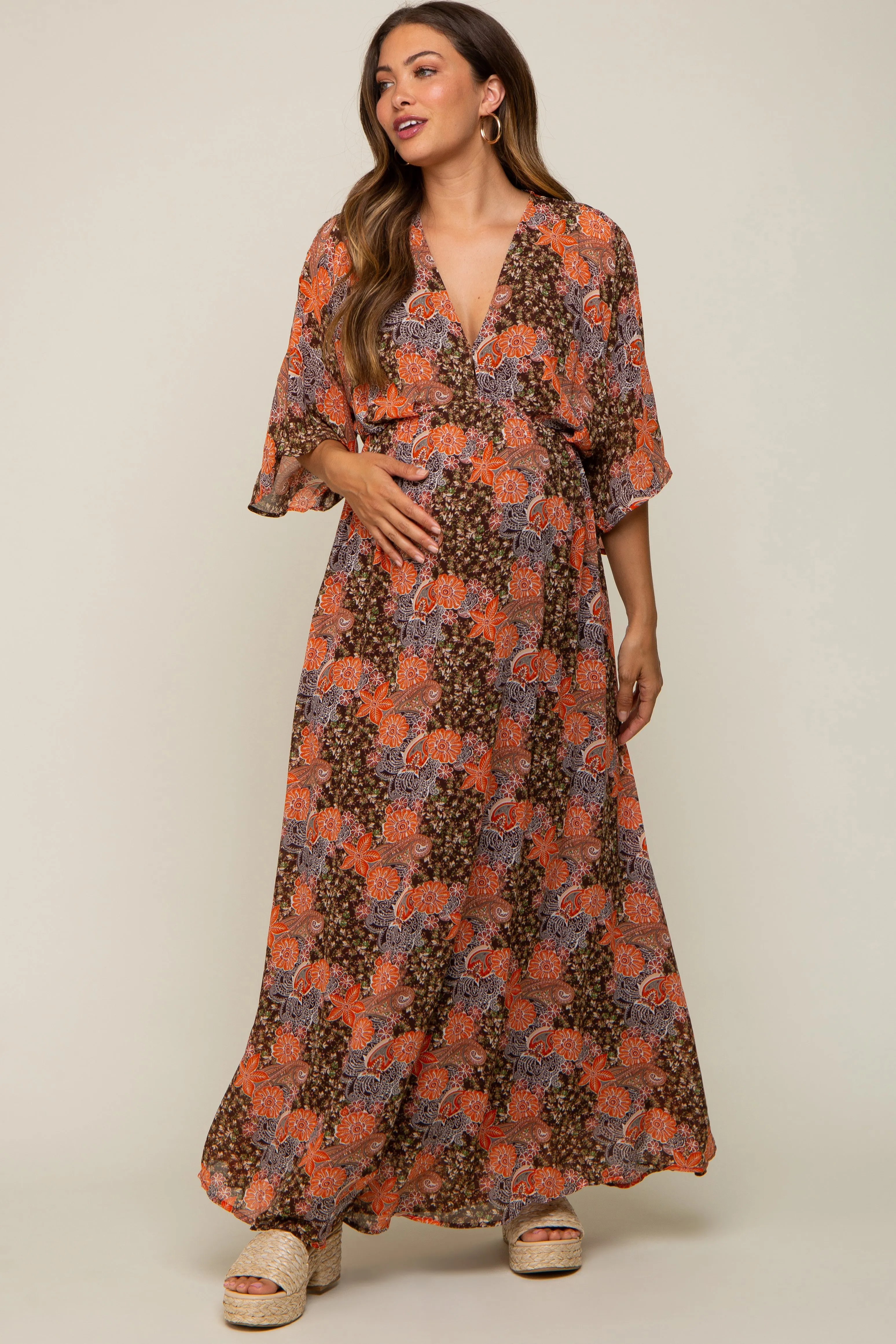 Brown Floral Paisley Chiffon Maternity Maxi Dress sold by Pinkblush product image thumbnail 4