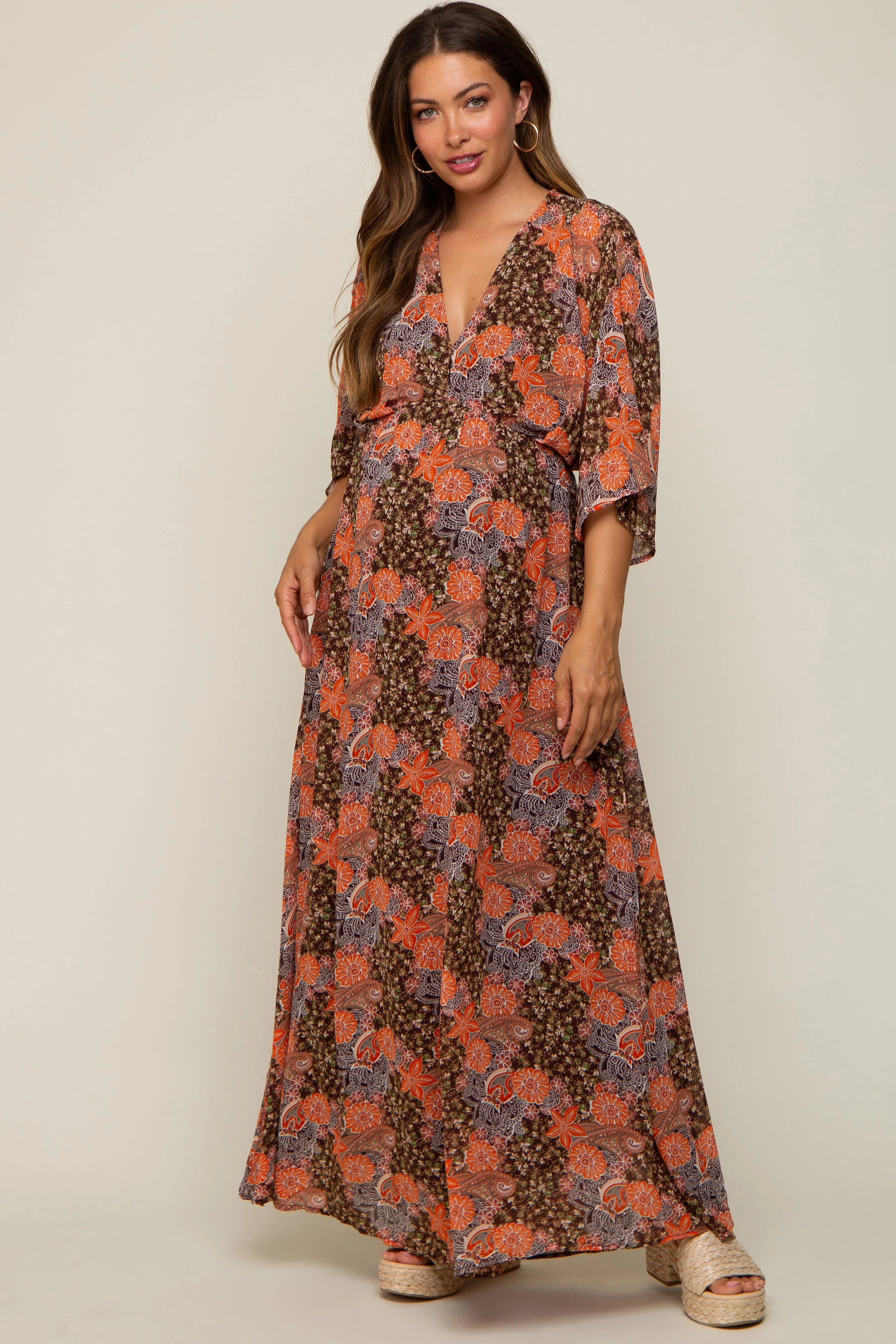 Brown Floral Paisley Chiffon Maternity Maxi Dress sold by Pinkblush