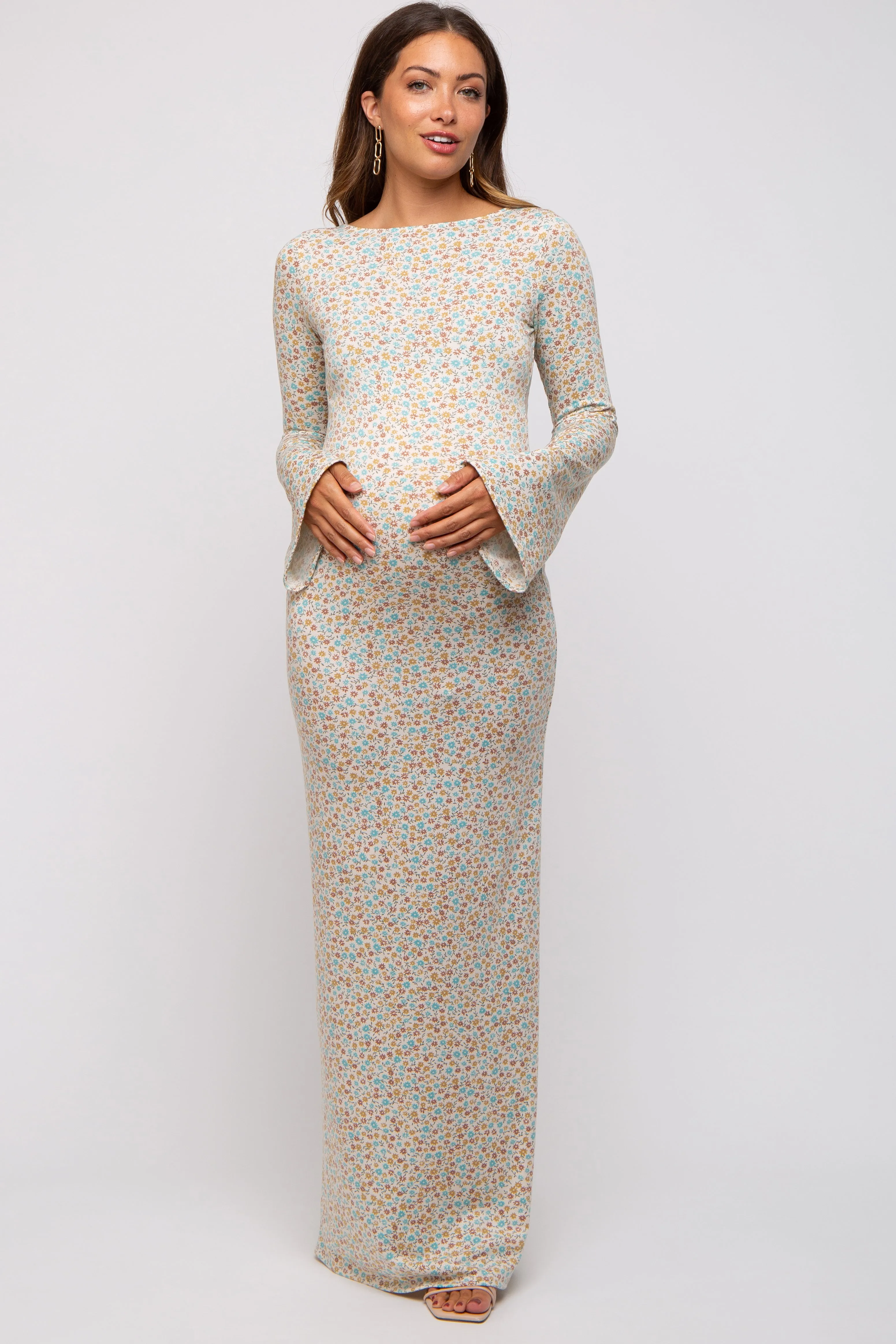Cream Floral Long Sleeve Open Back Maternity Maxi Dress sold by Pinkblush product image thumbnail 5