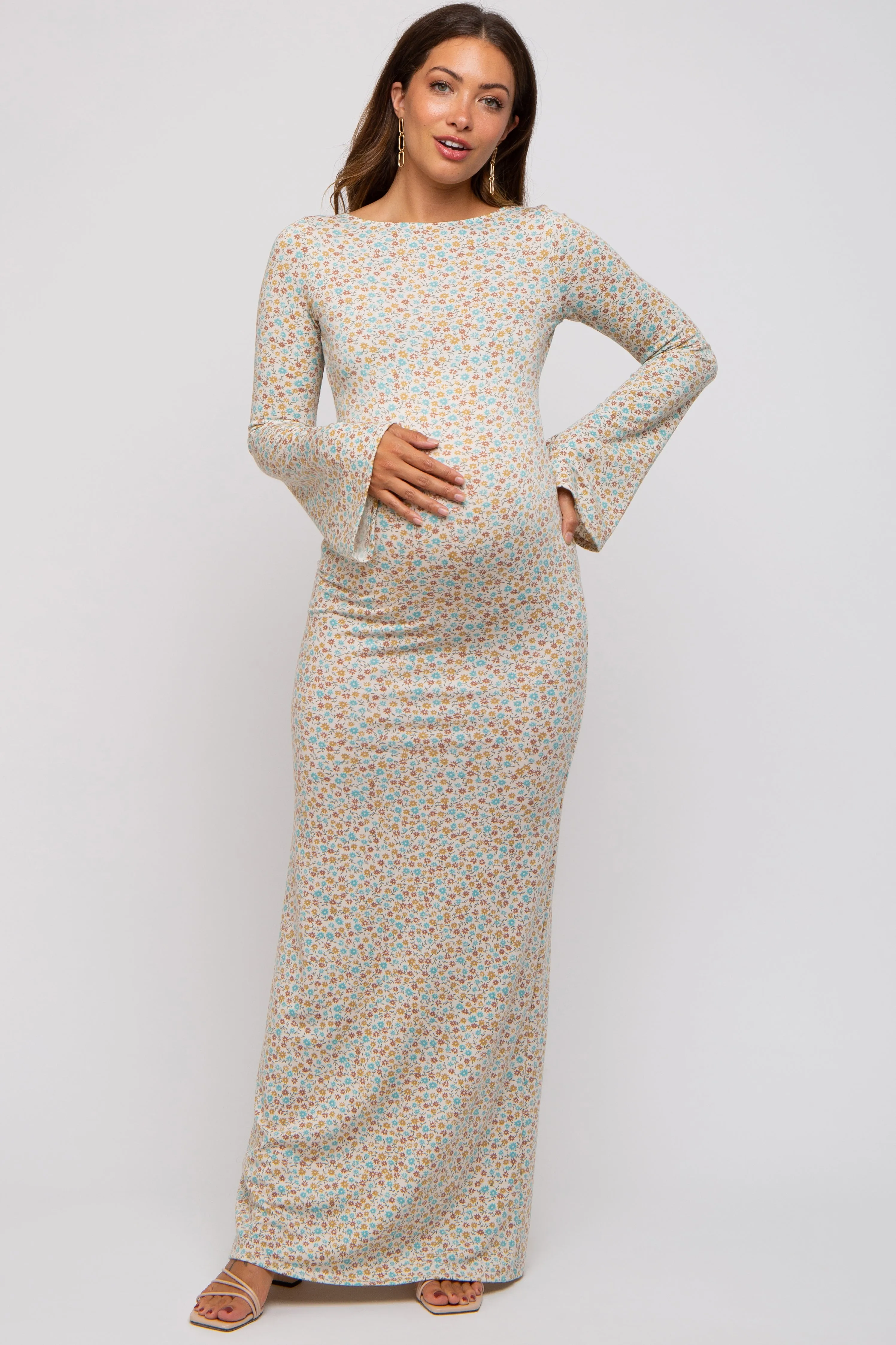 Cream Floral Long Sleeve Open Back Maternity Maxi Dress sold by Pinkblush product image thumbnail 2