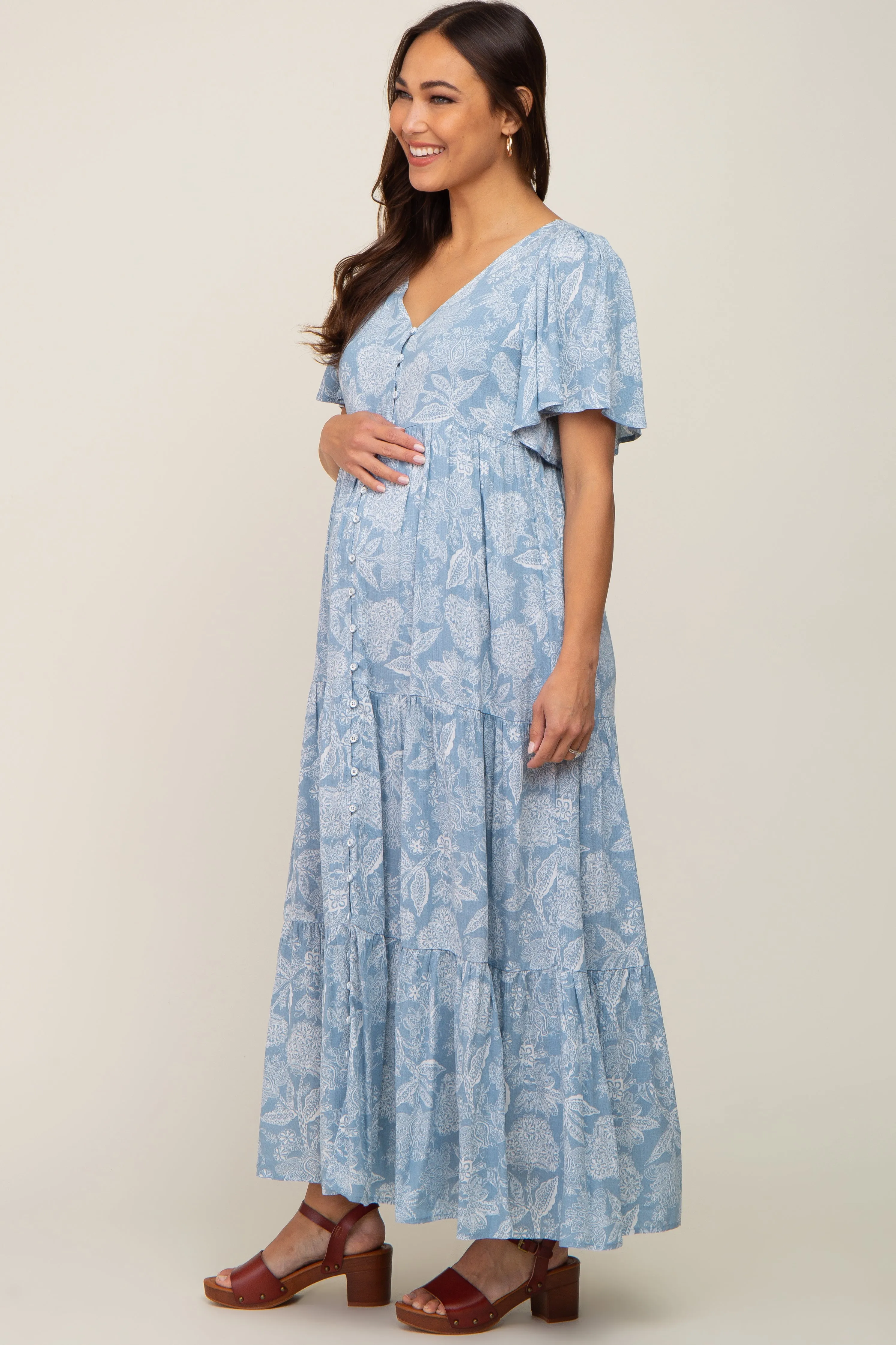 Light Blue Paisley Button Down Tiered Maternity Maxi Dress sold by Pinkblush product image thumbnail 2