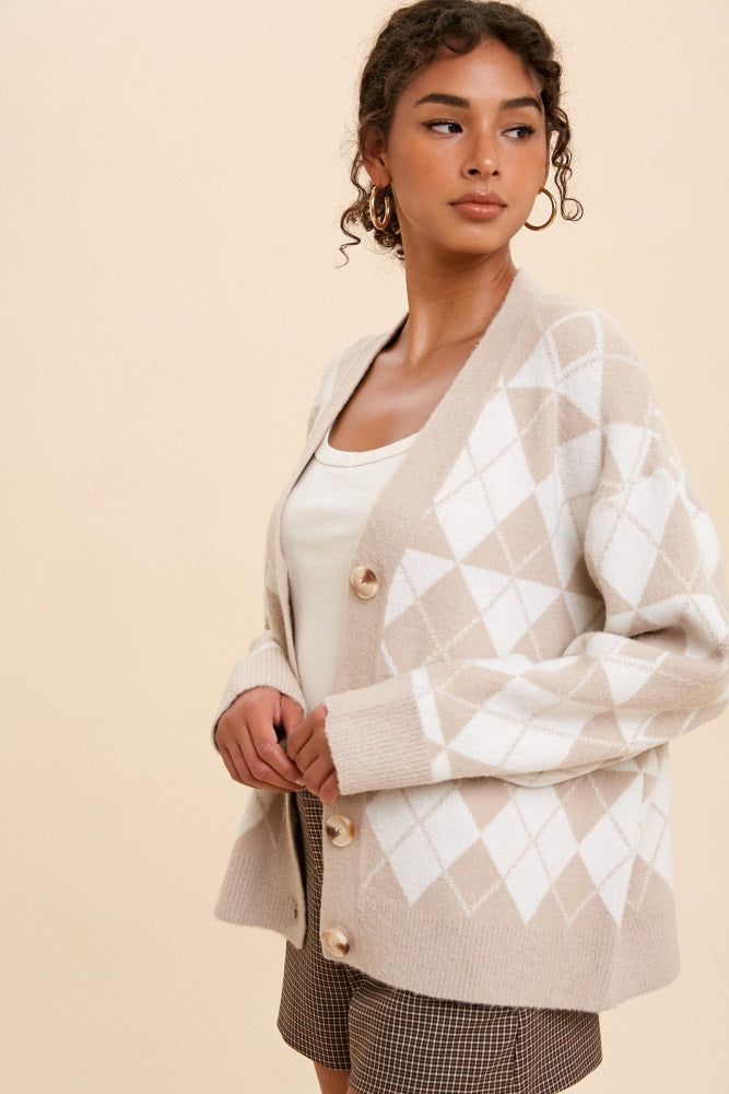 Beige Argyle Button Front Cardigan sold by Pinkblush product image thumbnail 2