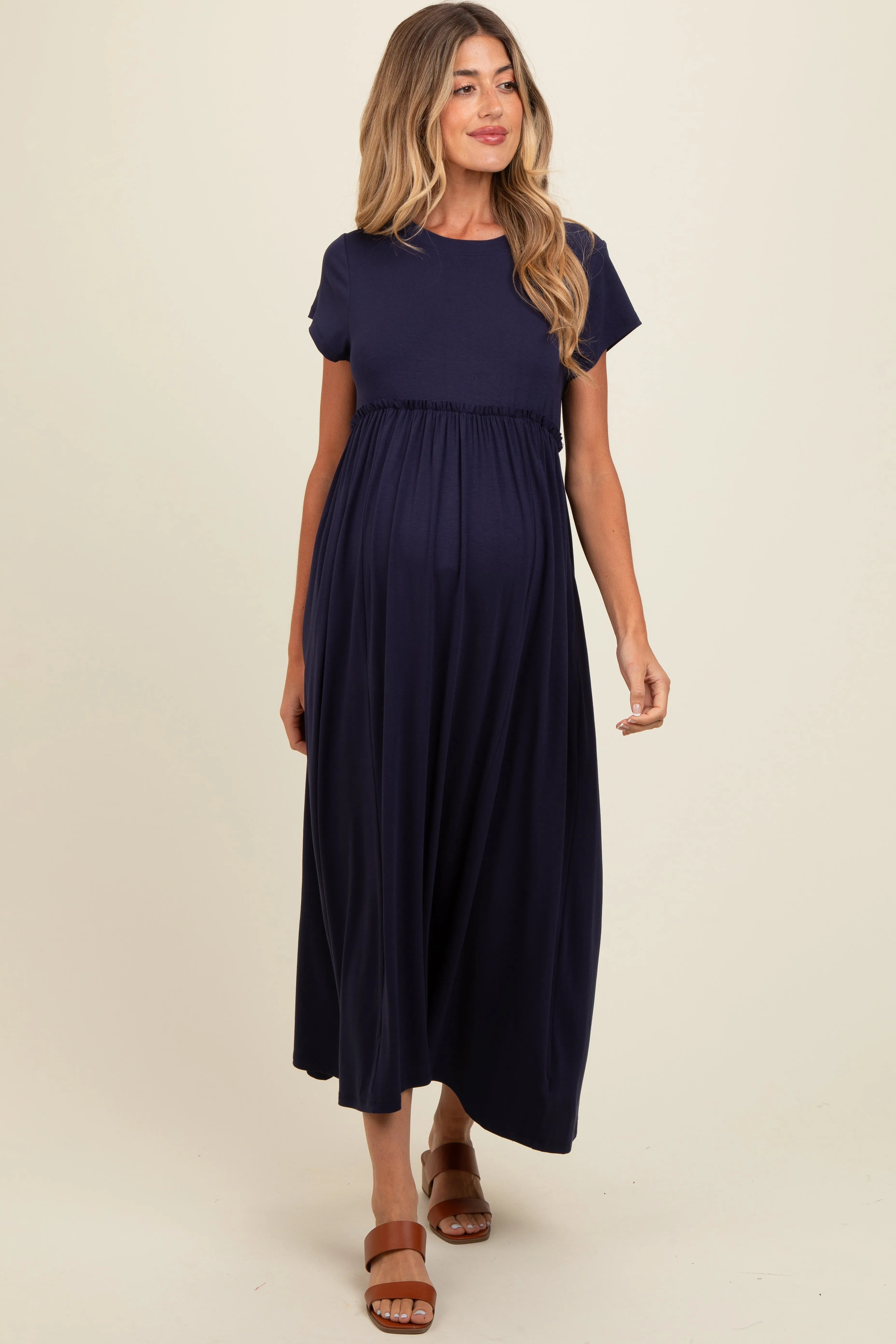 Navy Ruffle Trim Maternity Maxi Dress sold by Pinkblush product image thumbnail 2