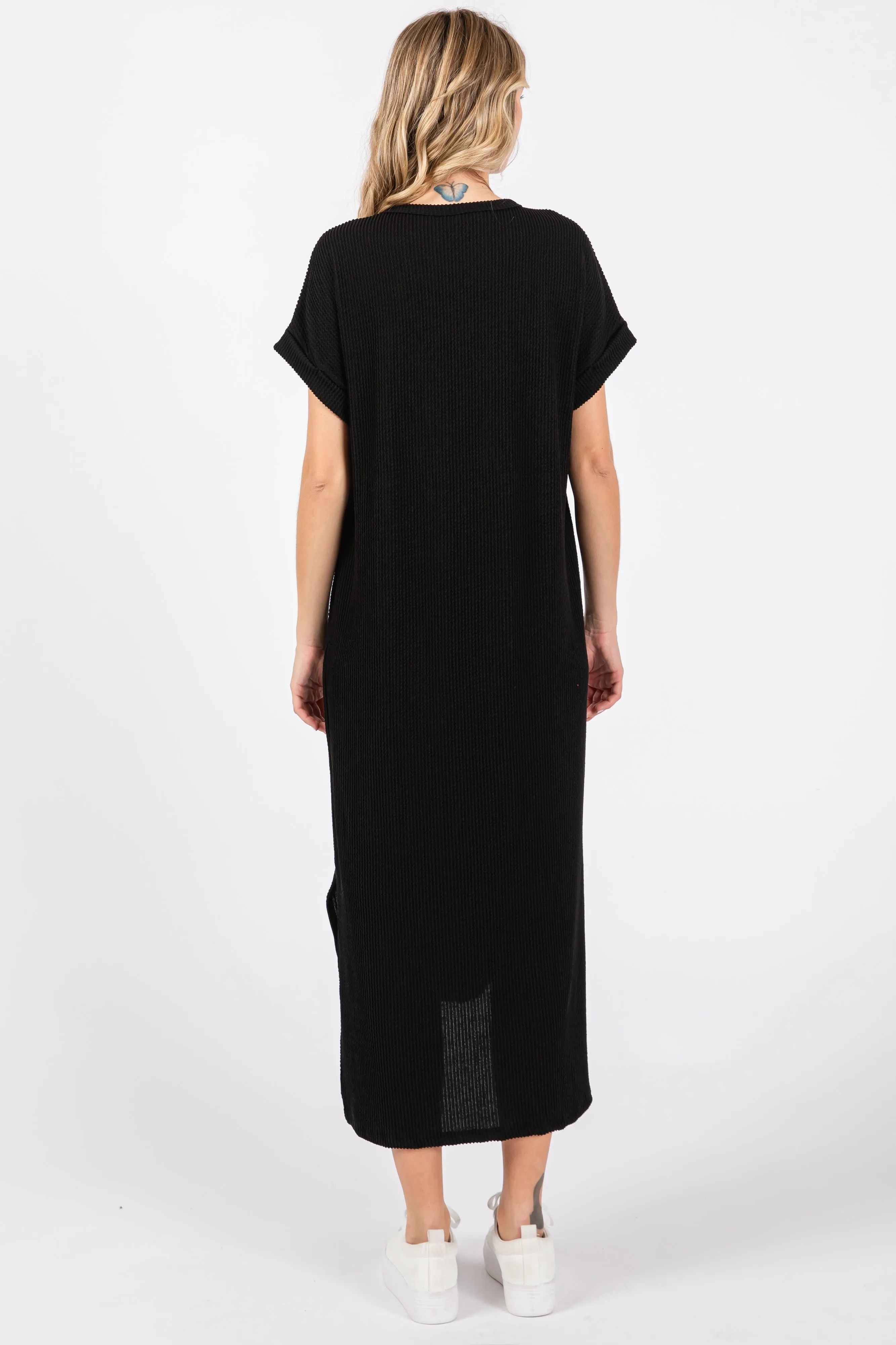 Black Ribbed Short Sleeve Midi Dress sold by Pinkblush product image thumbnail 3