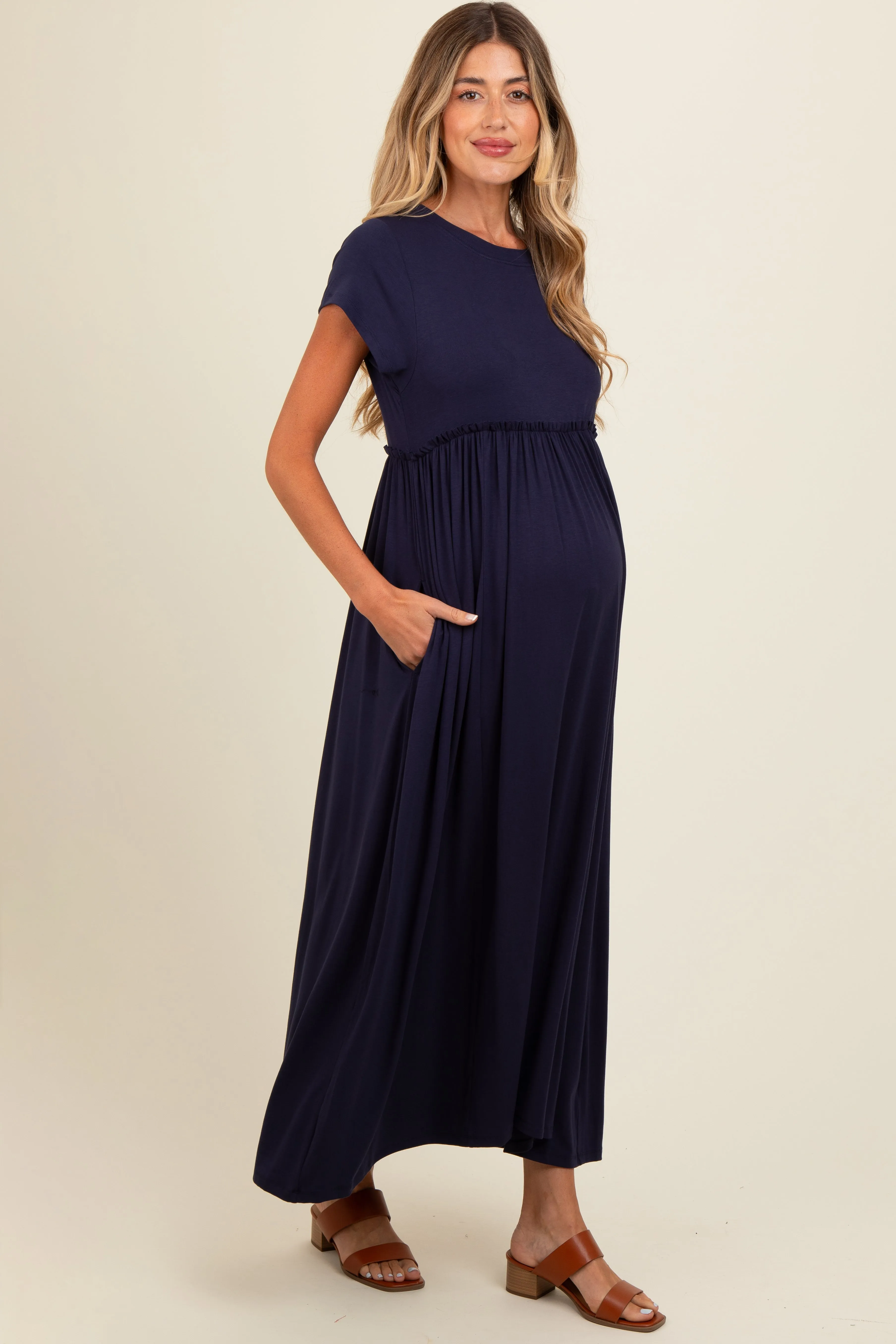 Navy Ruffle Trim Maternity Maxi Dress sold by Pinkblush product image thumbnail 3