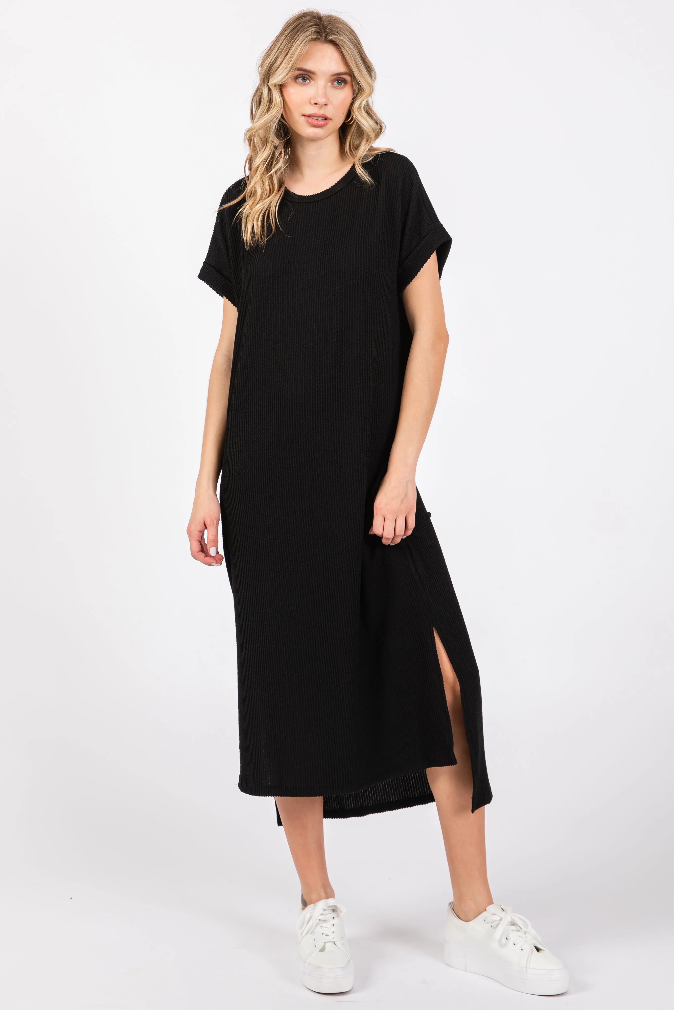 Black Ribbed Short Sleeve Midi Dress sold by Pinkblush