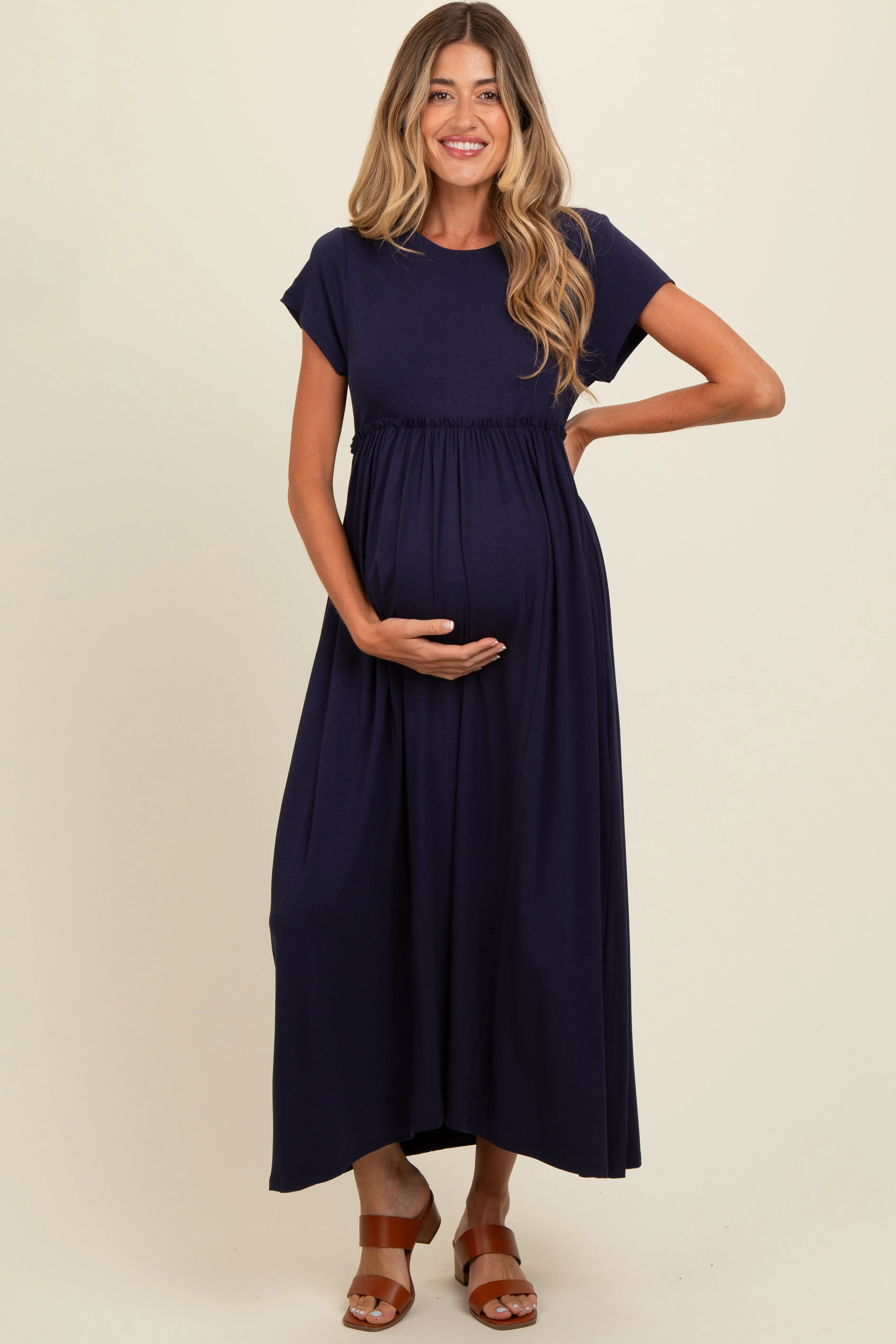 Navy Ruffle Trim Maternity Maxi Dress sold by Pinkblush