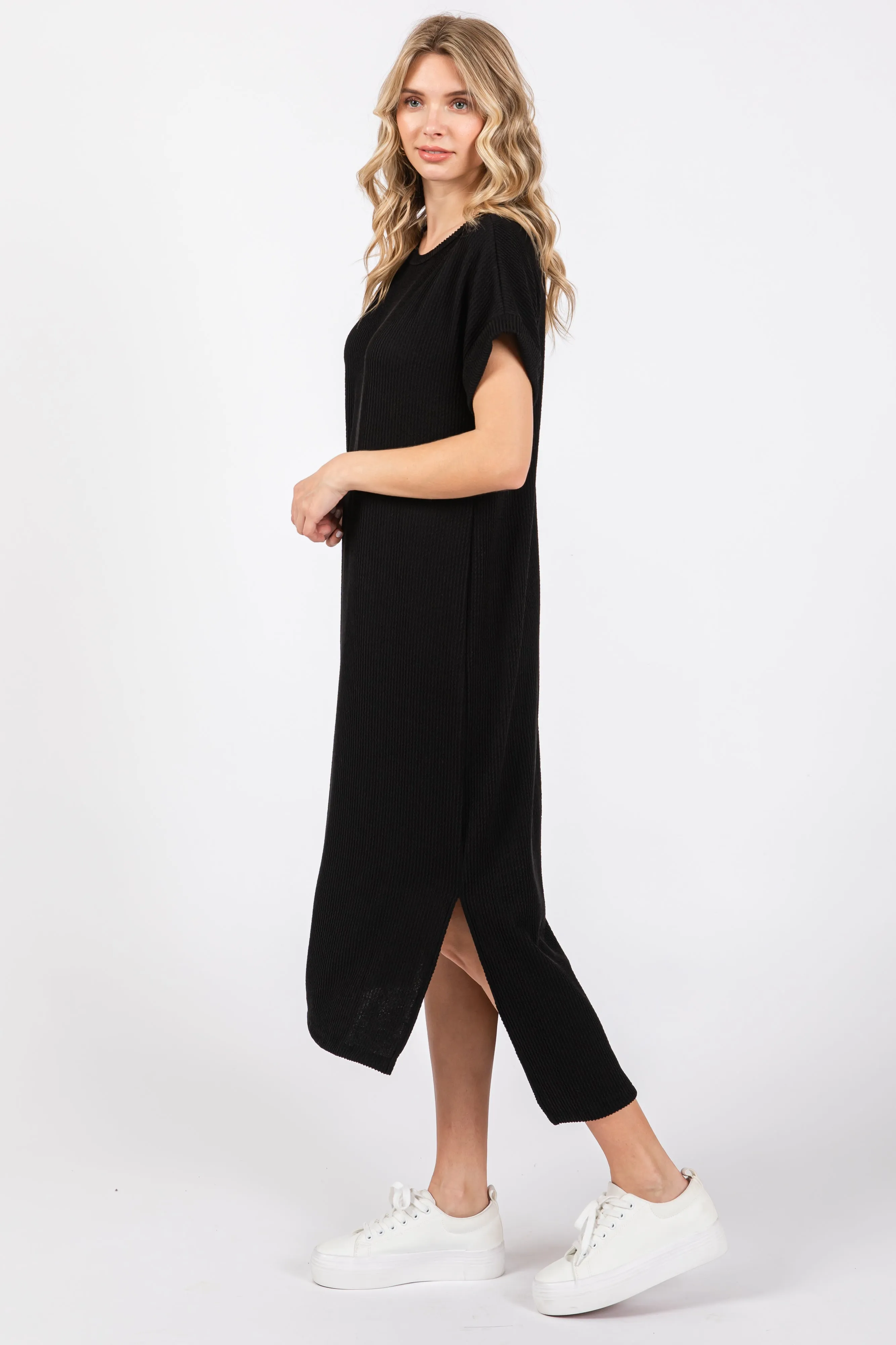 Black Ribbed Short Sleeve Midi Dress sold by Pinkblush product image thumbnail 2