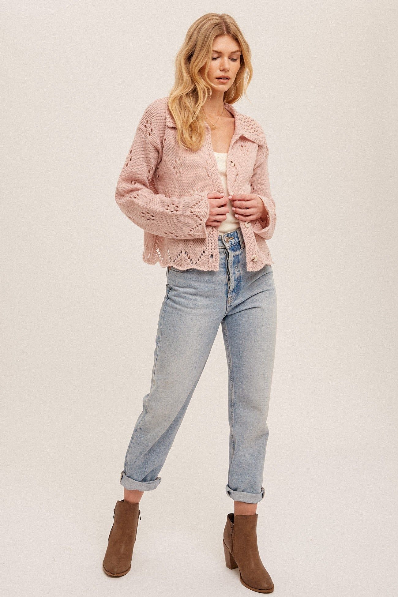 Light Pink Pointelle Collared Button Down Sweater Cardigan sold by Pinkblush product image thumbnail 4